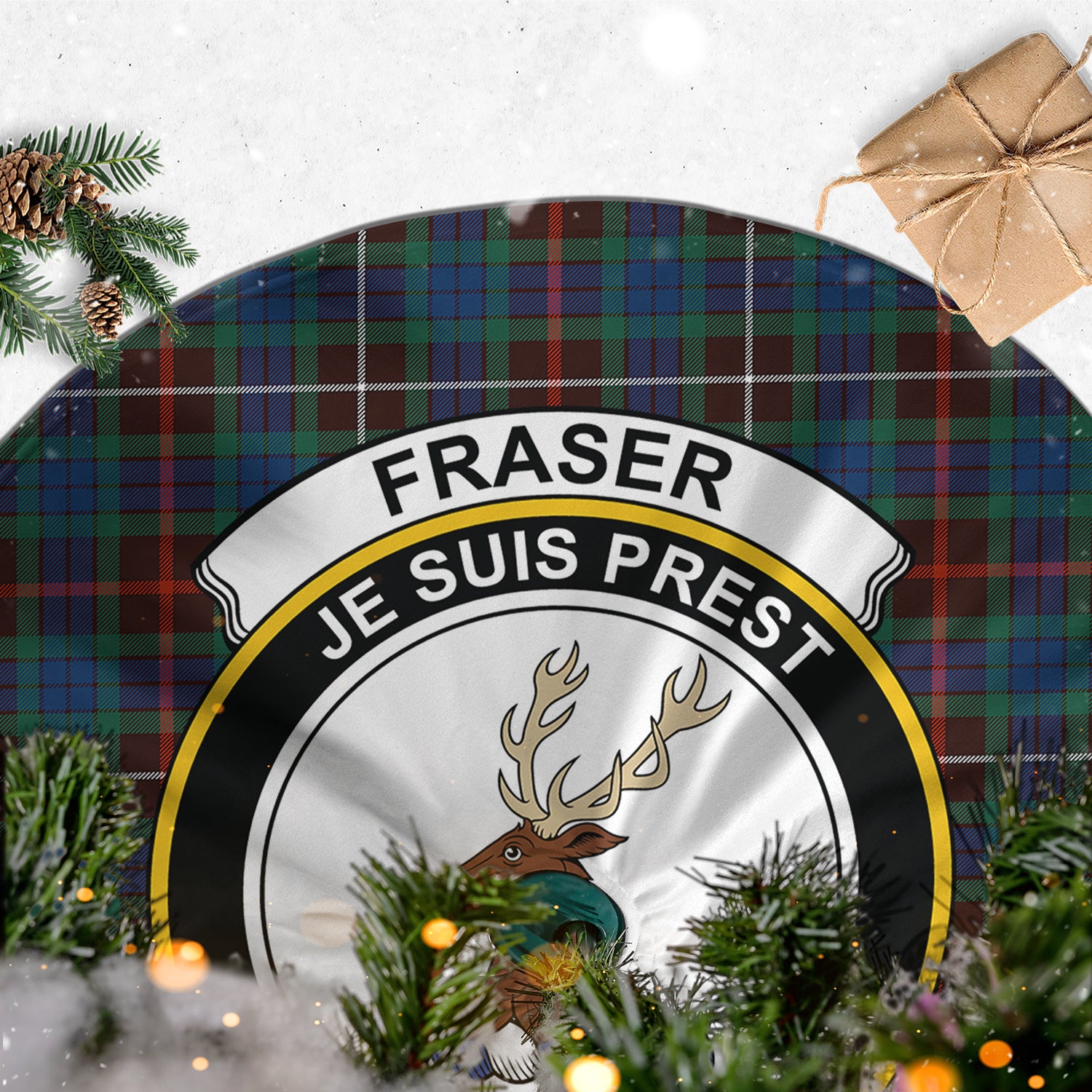 Fraser Hunting Ancient Tartan Christmas Tree Skirt with Family Crest - Tartanvibesclothing