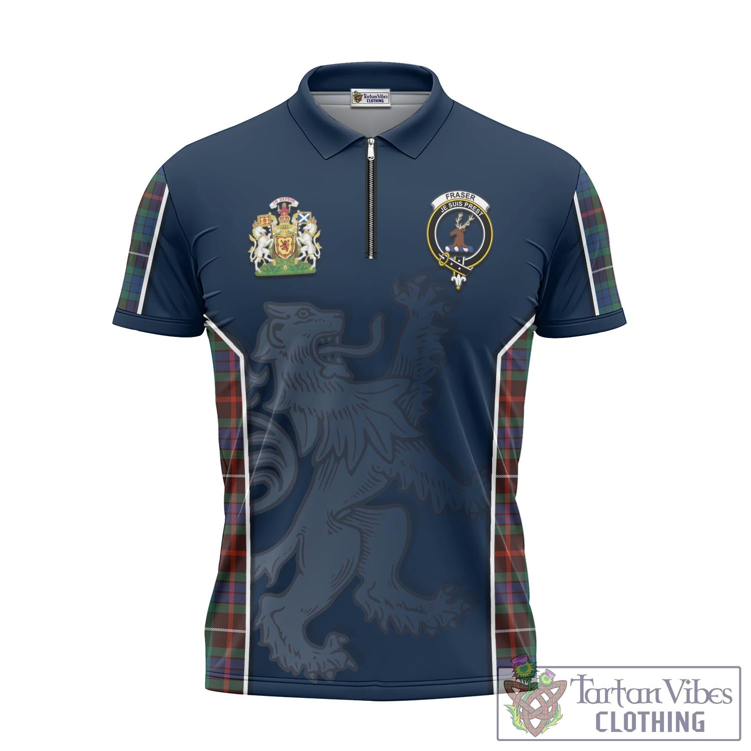 Tartan Vibes Clothing Fraser Hunting Ancient Tartan Zipper Polo Shirt with Family Crest and Lion Rampant Vibes Sport Style