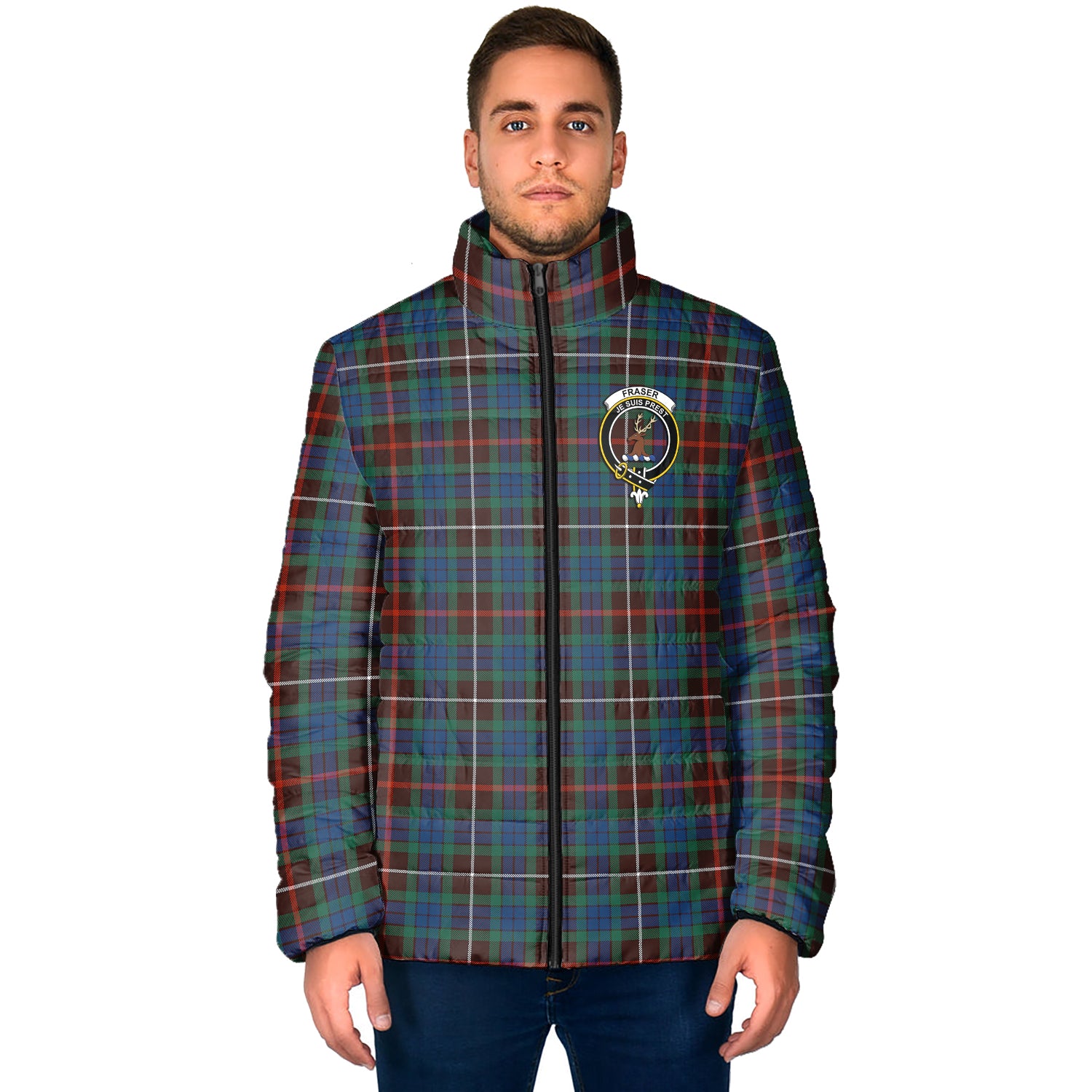 Fraser Hunting Ancient Tartan Padded Jacket with Family Crest - Tartan Vibes Clothing