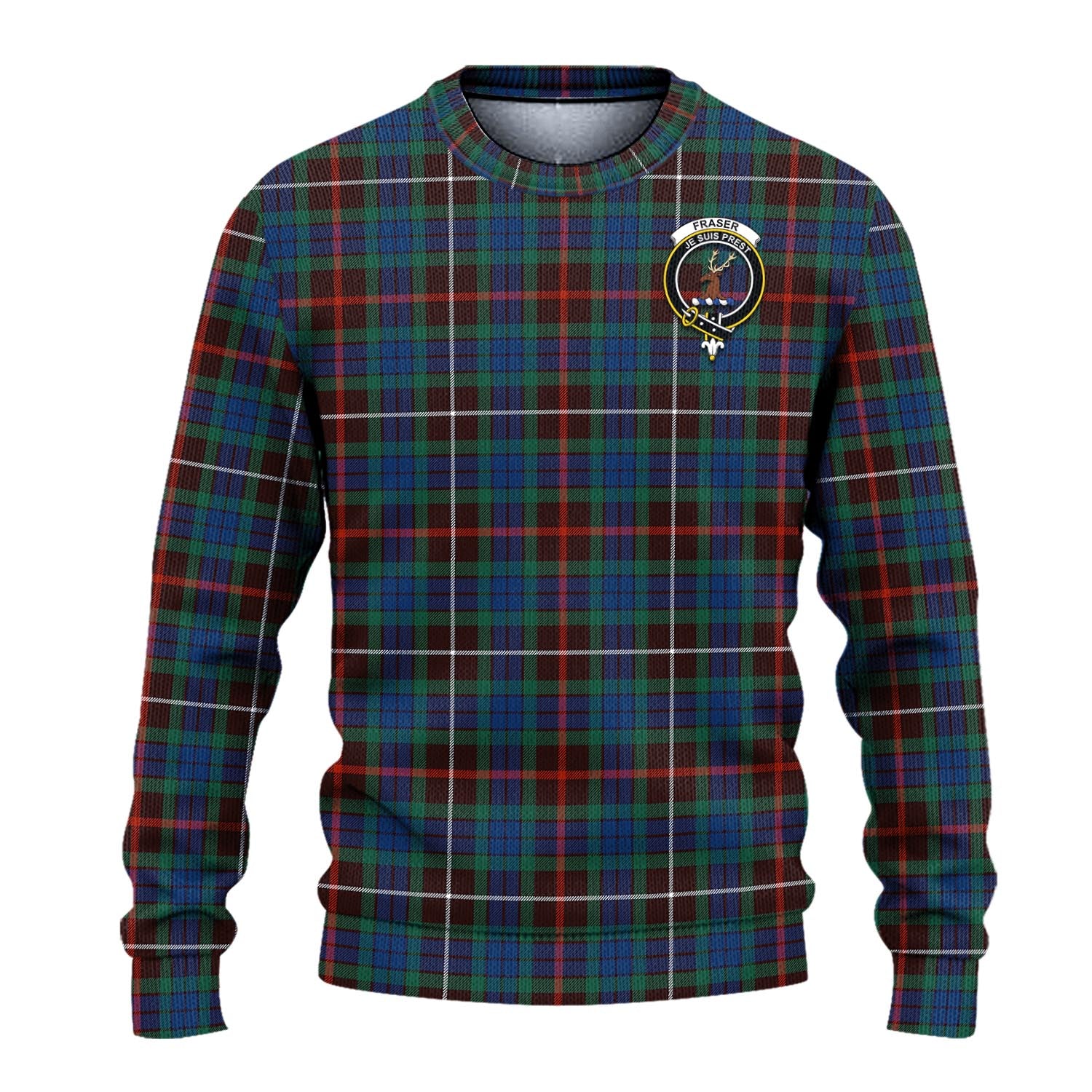 Fraser Hunting Ancient Tartan Knitted Sweater with Family Crest - Tartanvibesclothing