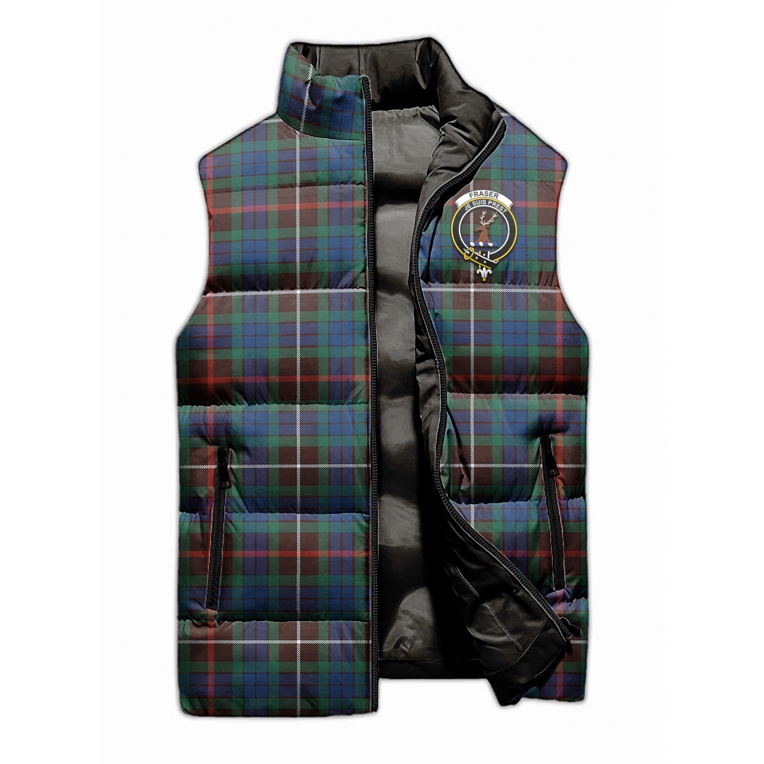 Fraser Hunting Ancient Tartan Sleeveless Puffer Jacket with Family Crest - Tartanvibesclothing