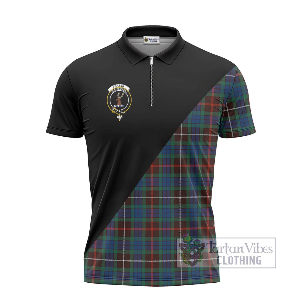 Fraser Hunting Ancient Tartan Zipper Polo Shirt with Family Crest and Military Logo Style - Tartanvibesclothing Shop