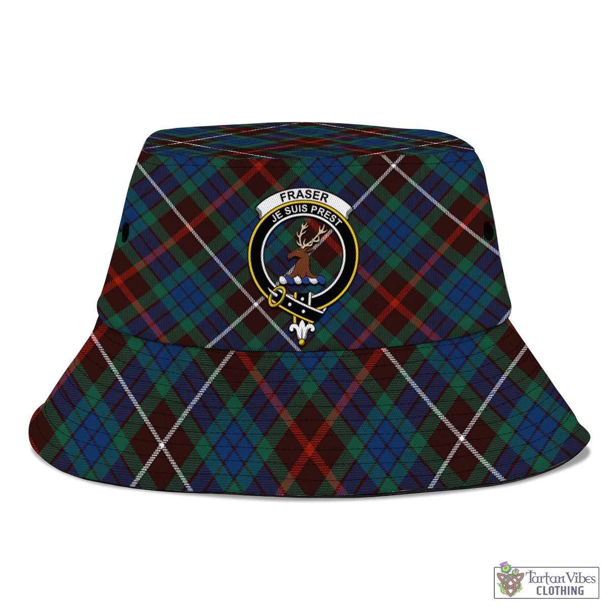 Tartan Vibes Clothing Fraser Hunting Ancient Tartan Bucket Hat with Family Crest