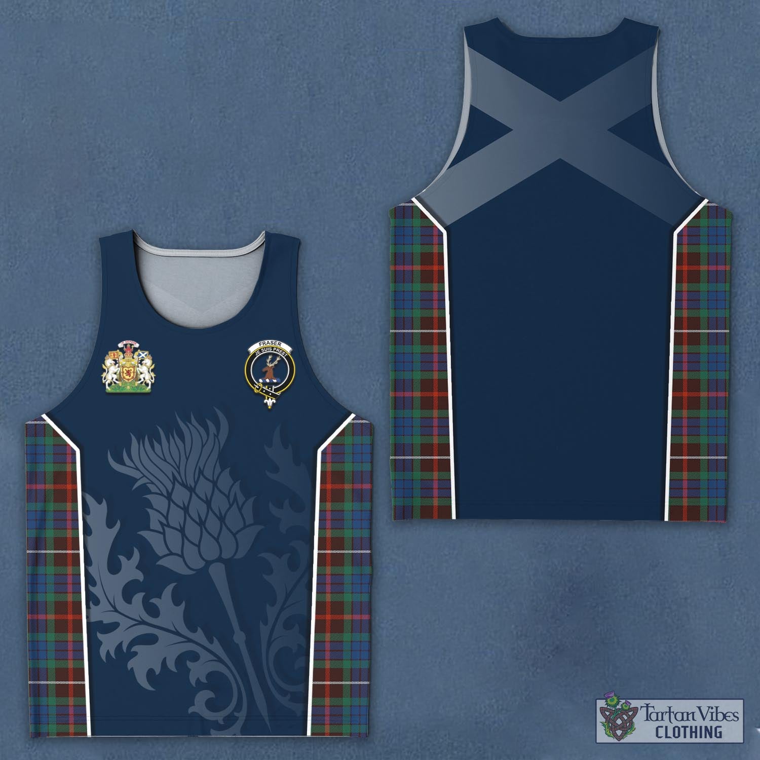 Tartan Vibes Clothing Fraser Hunting Ancient Tartan Men's Tanks Top with Family Crest and Scottish Thistle Vibes Sport Style