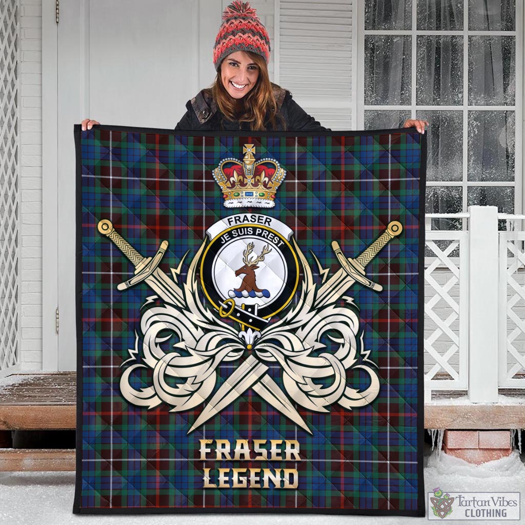 Tartan Vibes Clothing Fraser Hunting Ancient Tartan Quilt with Clan Crest and the Golden Sword of Courageous Legacy