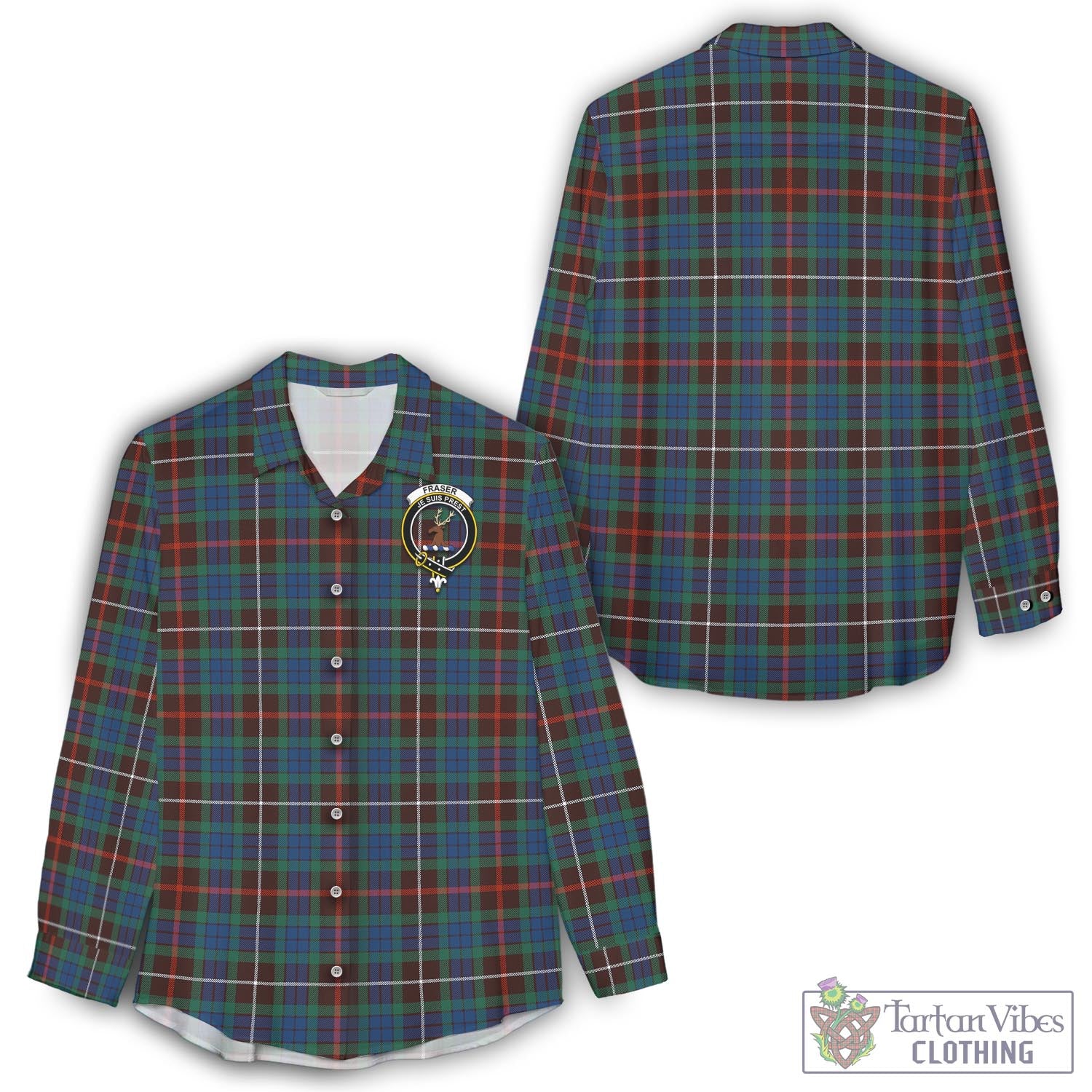 Tartan Vibes Clothing Fraser Hunting Ancient Tartan Womens Casual Shirt with Family Crest