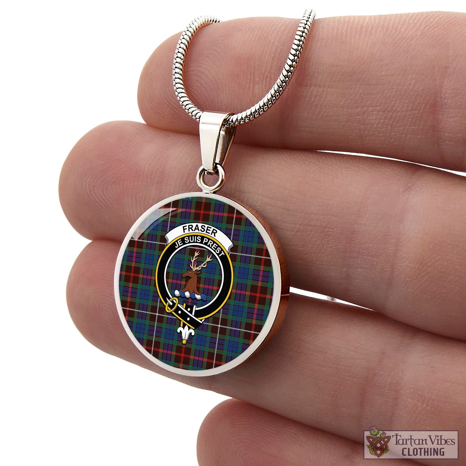 Tartan Vibes Clothing Fraser Hunting Ancient Tartan Circle Necklace with Family Crest