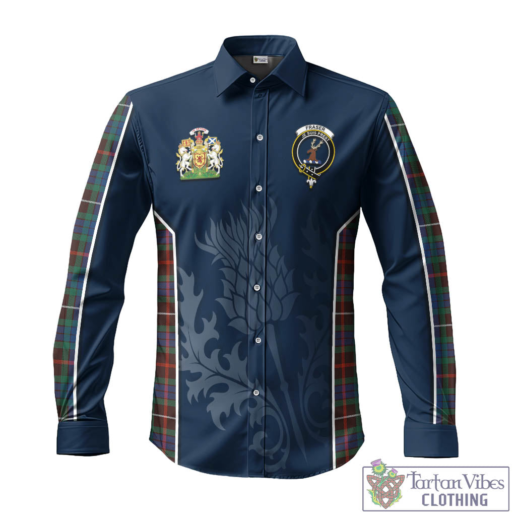 Tartan Vibes Clothing Fraser Hunting Ancient Tartan Long Sleeve Button Up Shirt with Family Crest and Scottish Thistle Vibes Sport Style