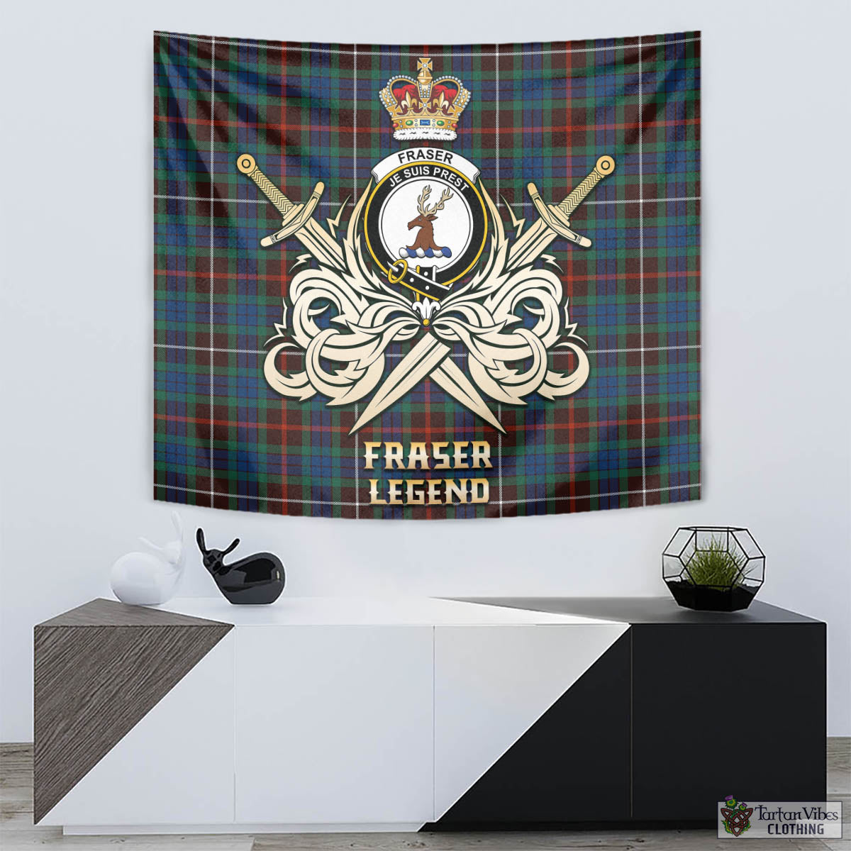 Tartan Vibes Clothing Fraser Hunting Ancient Tartan Tapestry with Clan Crest and the Golden Sword of Courageous Legacy