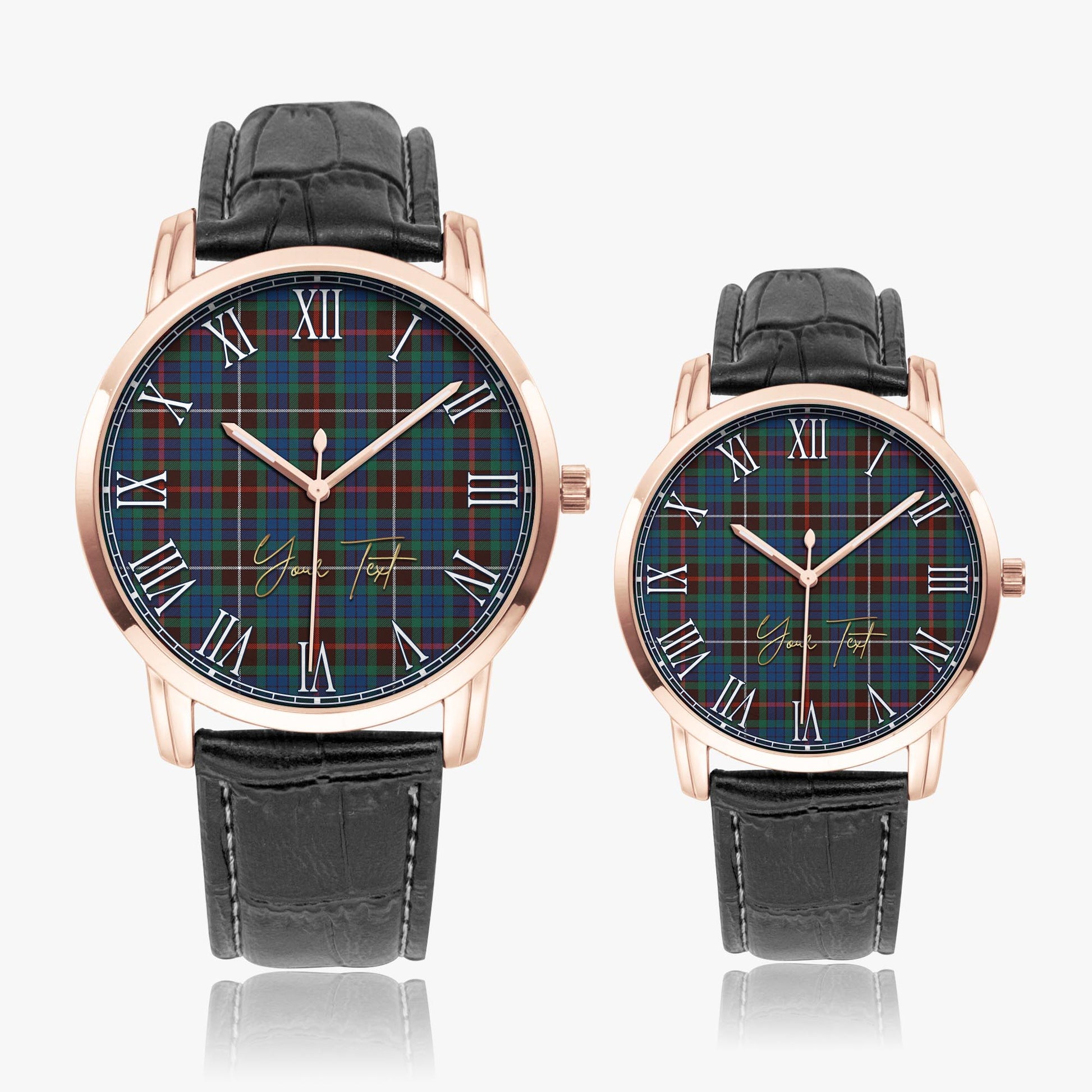 Fraser Hunting Ancient Tartan Personalized Your Text Leather Trap Quartz Watch Wide Type Rose Gold Case With Black Leather Strap - Tartanvibesclothing