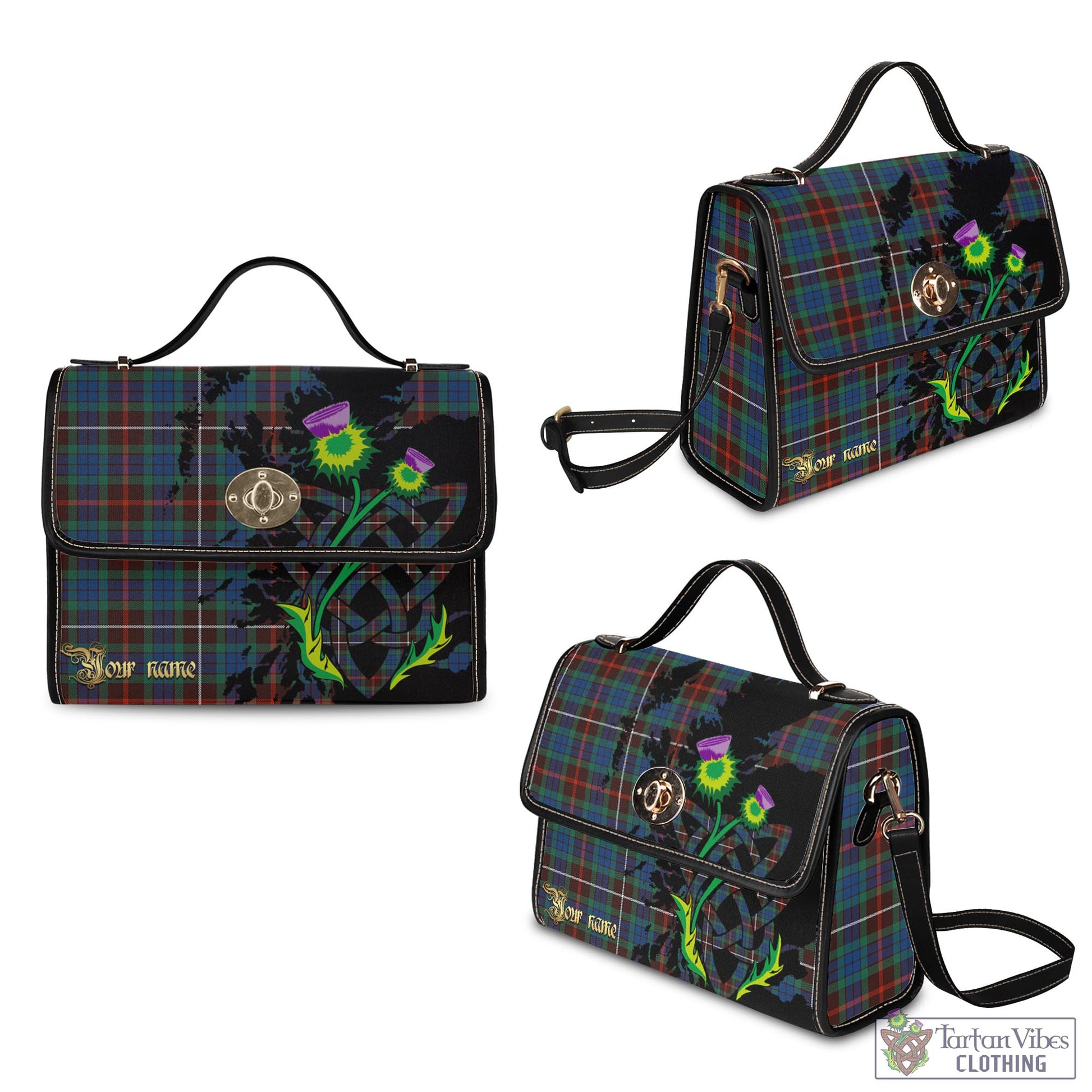 Tartan Vibes Clothing Fraser Hunting Ancient Tartan Waterproof Canvas Bag with Scotland Map and Thistle Celtic Accents