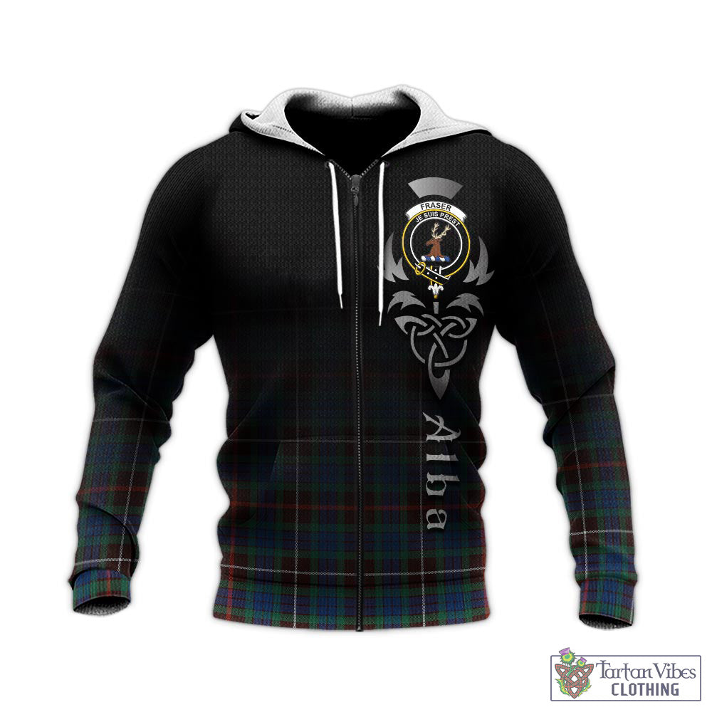 Tartan Vibes Clothing Fraser Hunting Ancient Tartan Knitted Hoodie Featuring Alba Gu Brath Family Crest Celtic Inspired