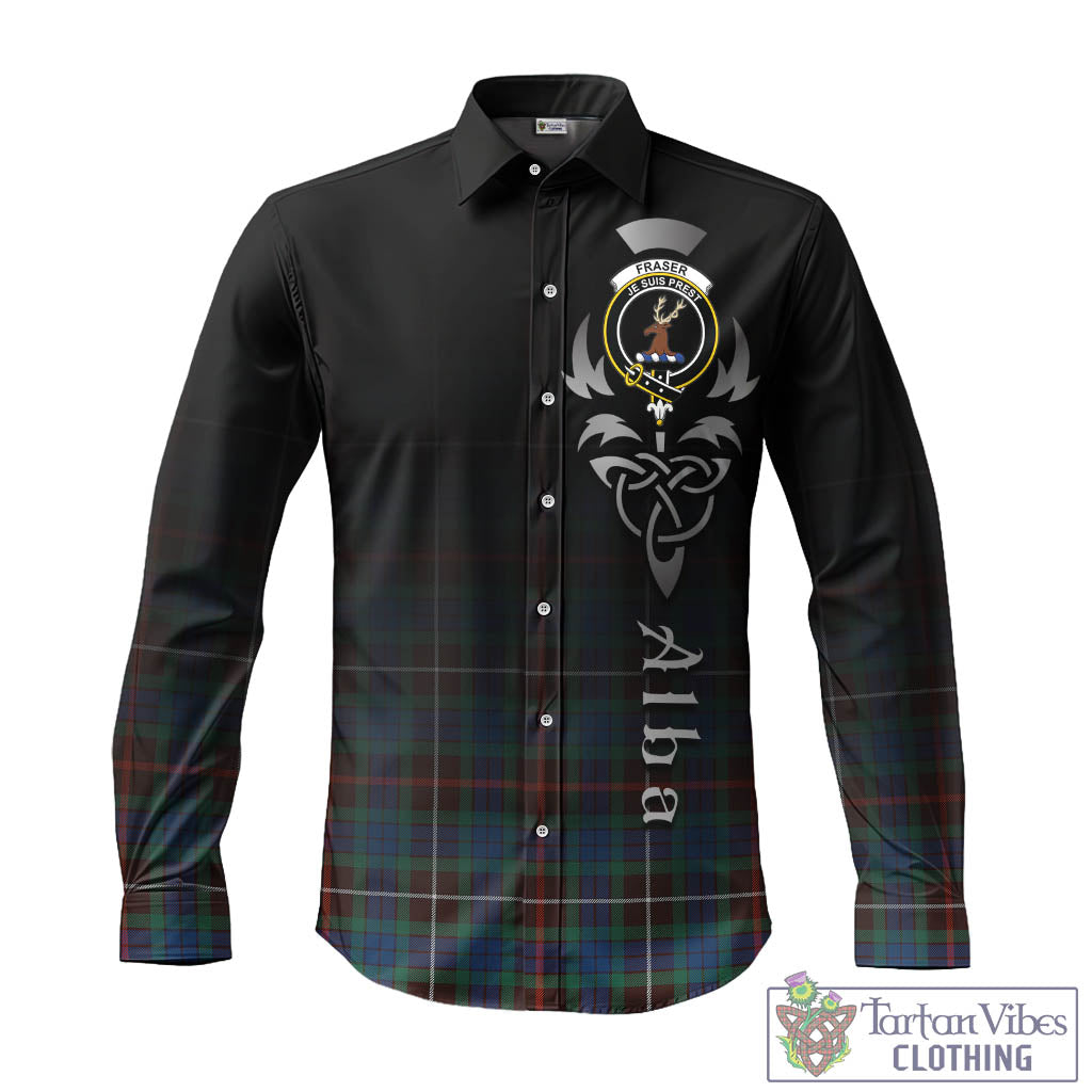 Tartan Vibes Clothing Fraser Hunting Ancient Tartan Long Sleeve Button Up Featuring Alba Gu Brath Family Crest Celtic Inspired