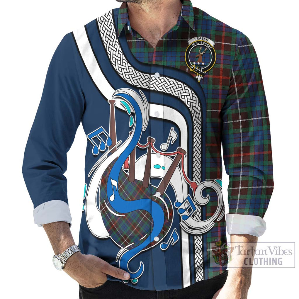 Fraser Hunting Ancient Tartan Long Sleeve Button Shirt with Epic Bagpipe Style - Tartanvibesclothing Shop