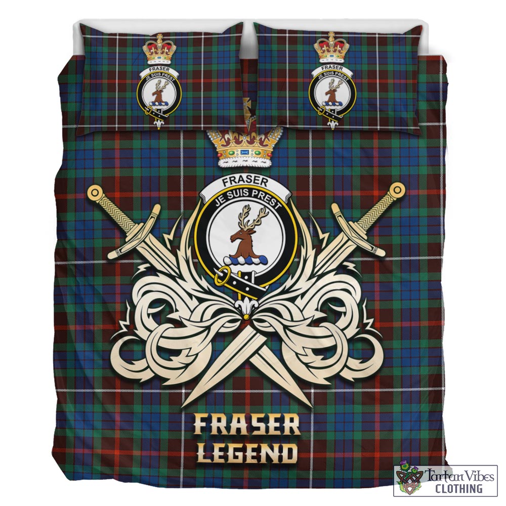 Tartan Vibes Clothing Fraser Hunting Ancient Tartan Bedding Set with Clan Crest and the Golden Sword of Courageous Legacy