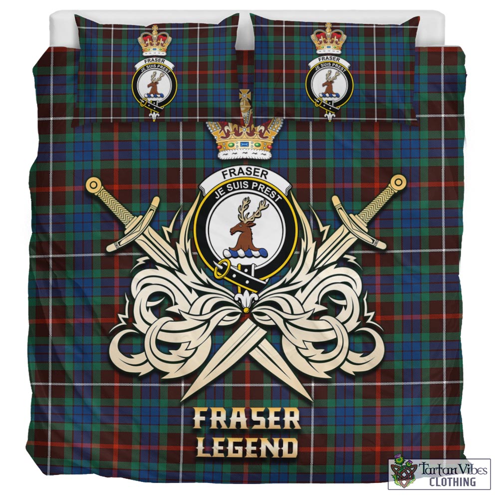 Tartan Vibes Clothing Fraser Hunting Ancient Tartan Bedding Set with Clan Crest and the Golden Sword of Courageous Legacy