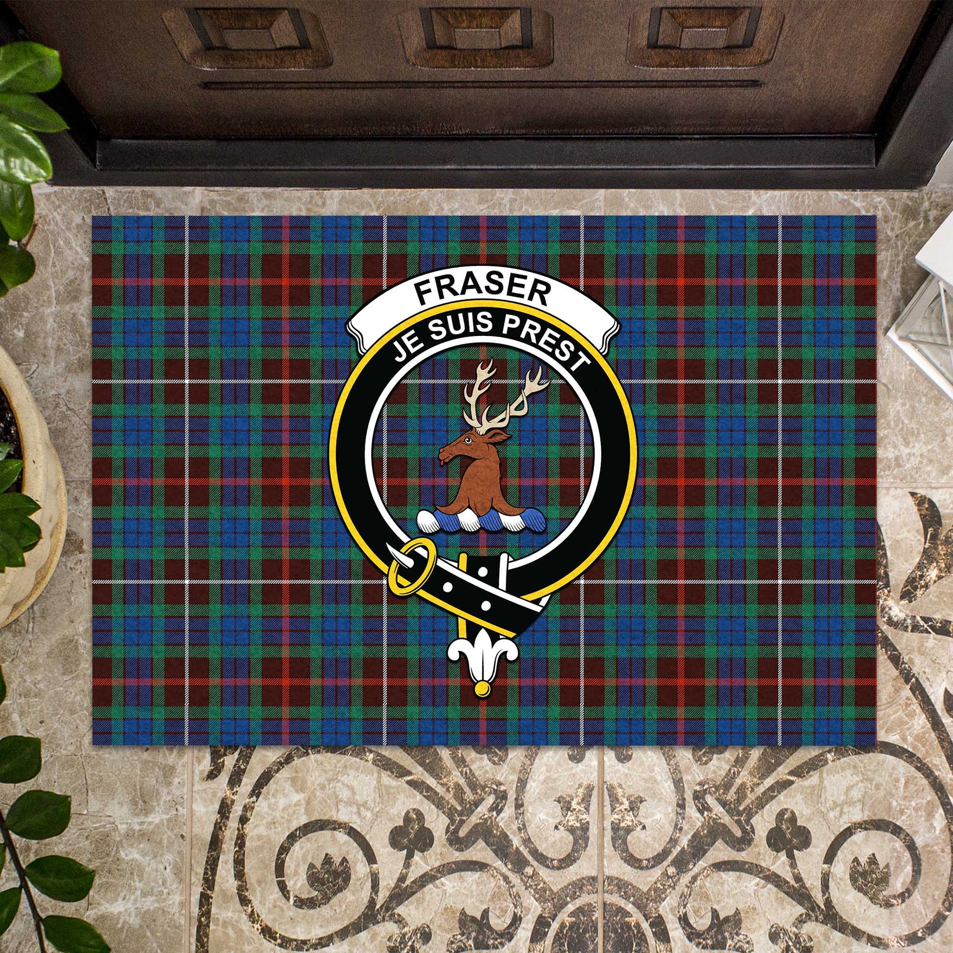 Fraser Hunting Ancient Tartan Door Mat with Family Crest - Tartanvibesclothing