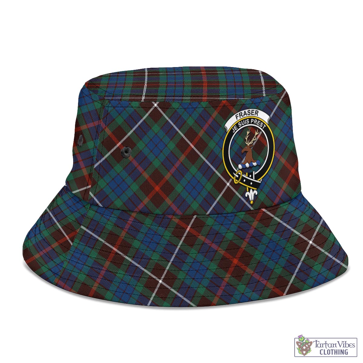 Tartan Vibes Clothing Fraser Hunting Ancient Tartan Bucket Hat with Family Crest