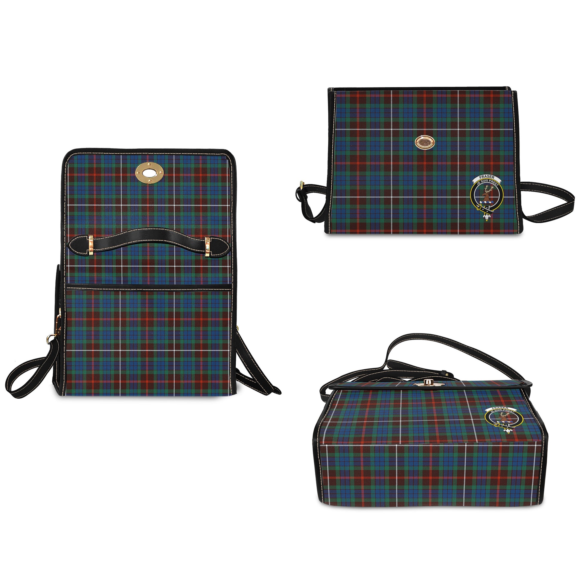 fraser-hunting-ancient-tartan-leather-strap-waterproof-canvas-bag-with-family-crest