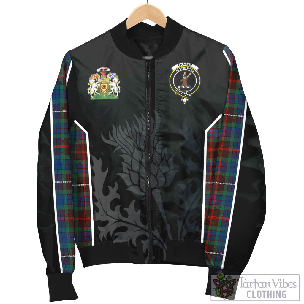 Tartan Vibes Clothing Fraser Hunting Ancient Tartan Bomber Jacket with Family Crest and Scottish Thistle Vibes Sport Style