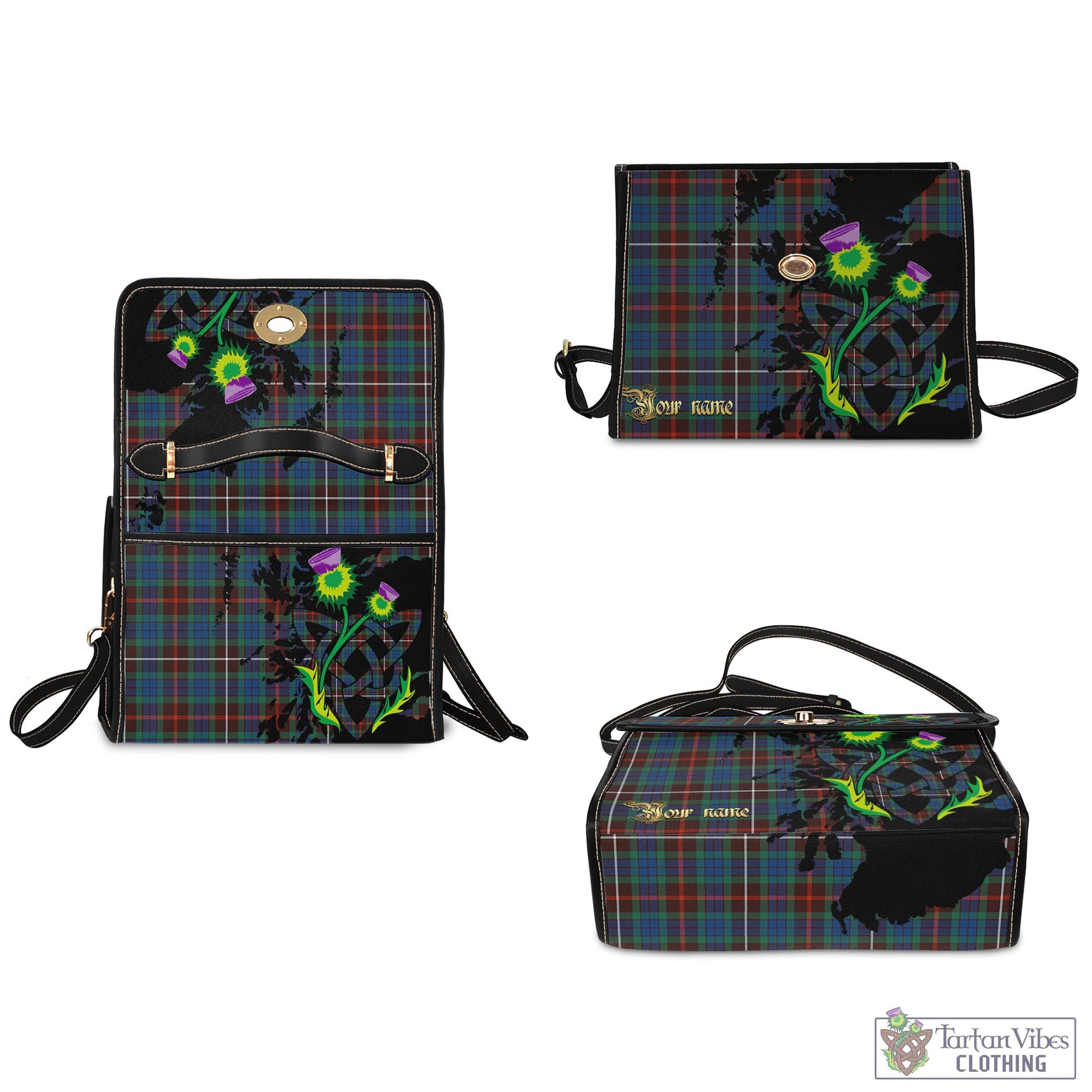 Tartan Vibes Clothing Fraser Hunting Ancient Tartan Waterproof Canvas Bag with Scotland Map and Thistle Celtic Accents