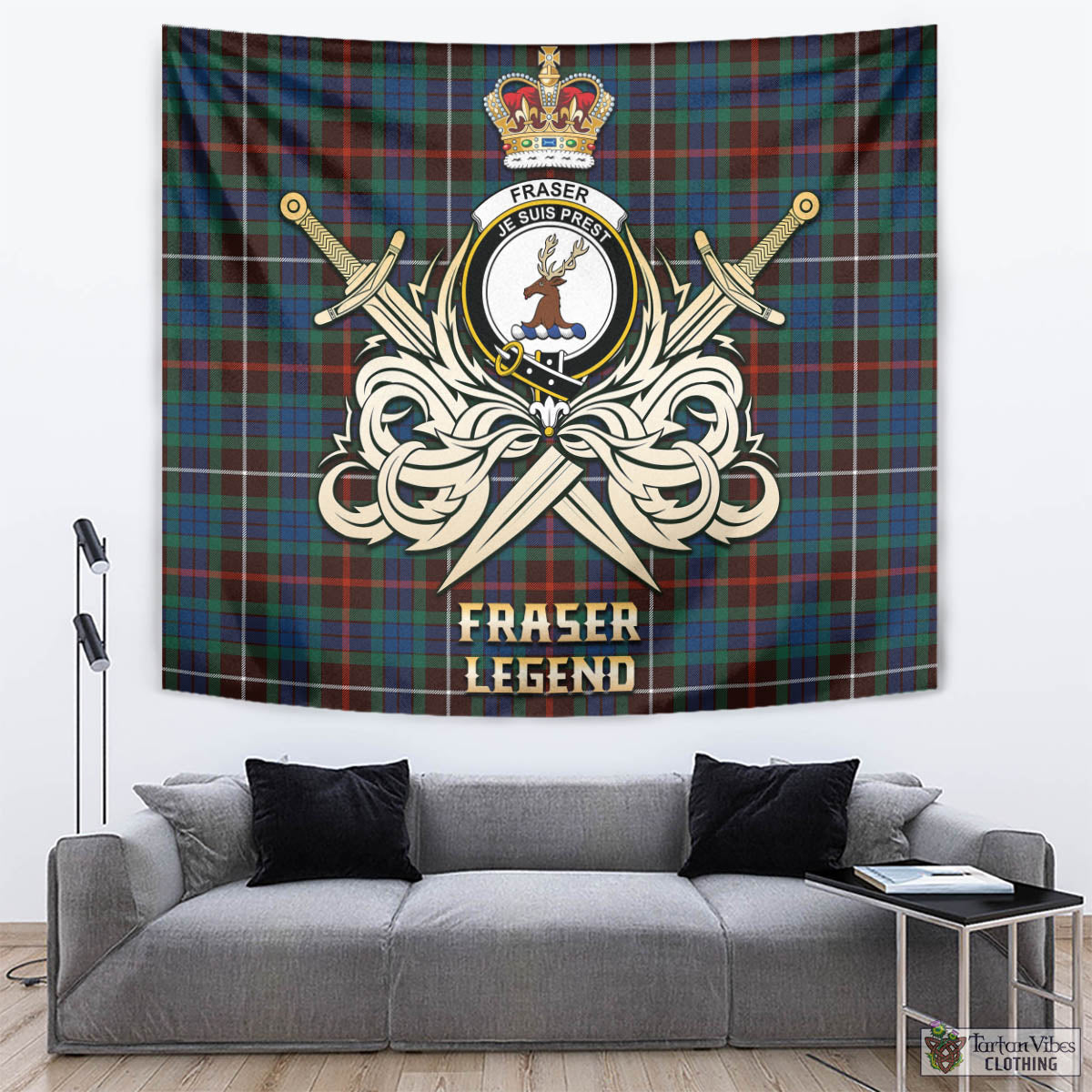 Tartan Vibes Clothing Fraser Hunting Ancient Tartan Tapestry with Clan Crest and the Golden Sword of Courageous Legacy