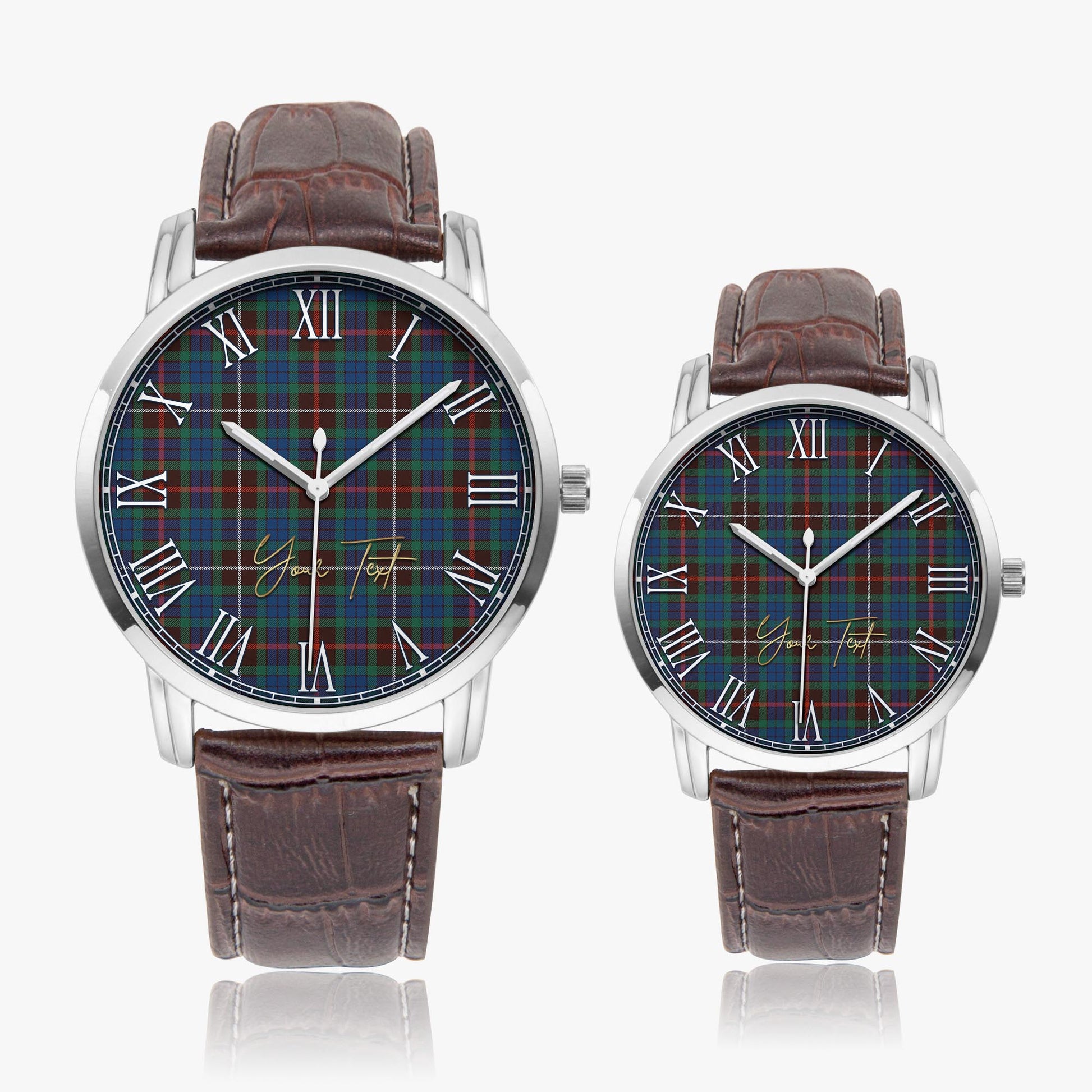 Fraser Hunting Ancient Tartan Personalized Your Text Leather Trap Quartz Watch Wide Type Silver Case With Brown Leather Strap - Tartanvibesclothing