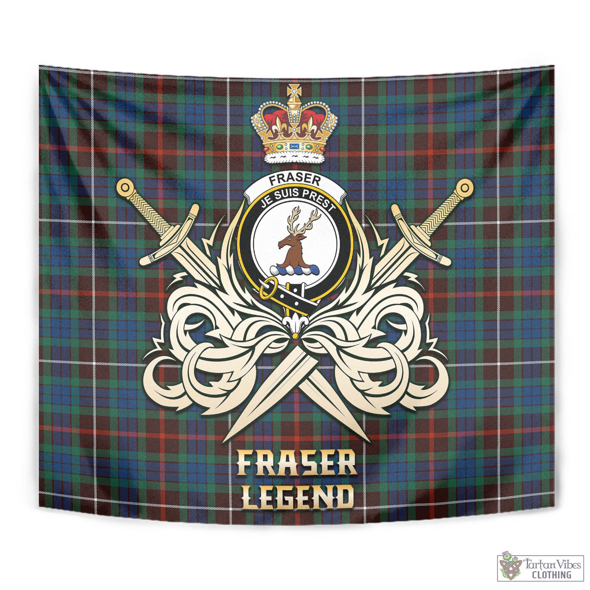 Tartan Vibes Clothing Fraser Hunting Ancient Tartan Tapestry with Clan Crest and the Golden Sword of Courageous Legacy