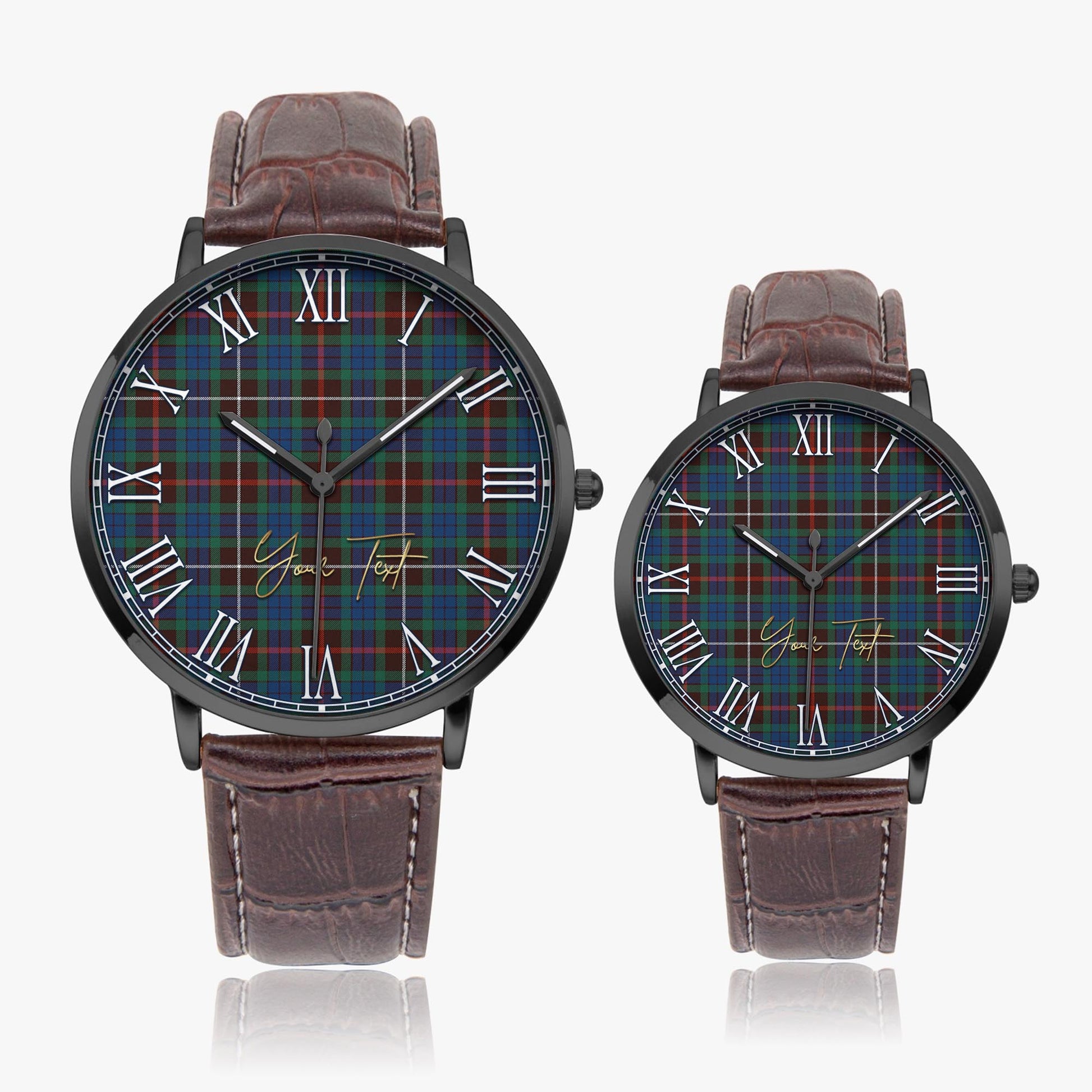 Fraser Hunting Ancient Tartan Personalized Your Text Leather Trap Quartz Watch Ultra Thin Black Case With Brown Leather Strap - Tartanvibesclothing