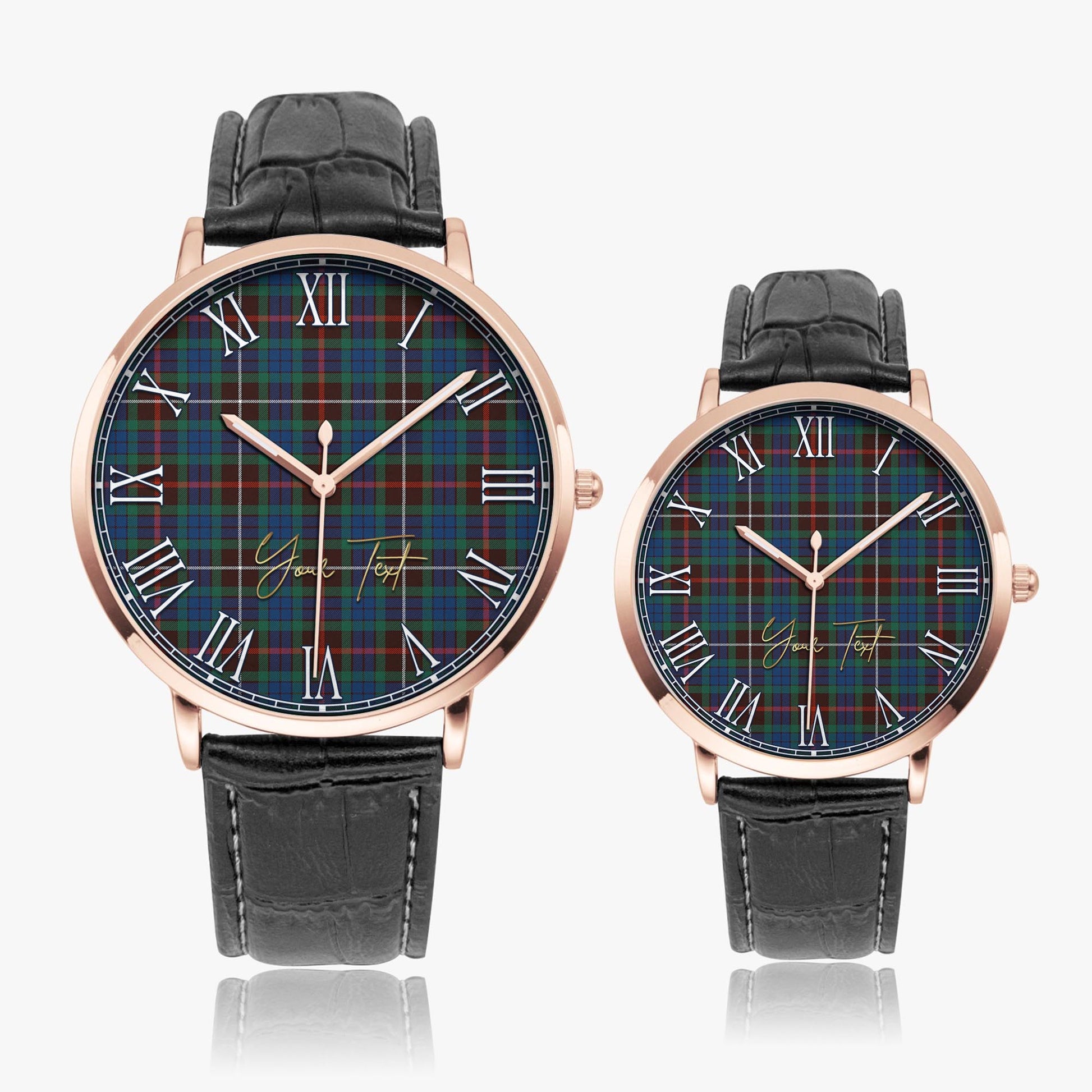 Fraser Hunting Ancient Tartan Personalized Your Text Leather Trap Quartz Watch Ultra Thin Rose Gold Case With Black Leather Strap - Tartanvibesclothing