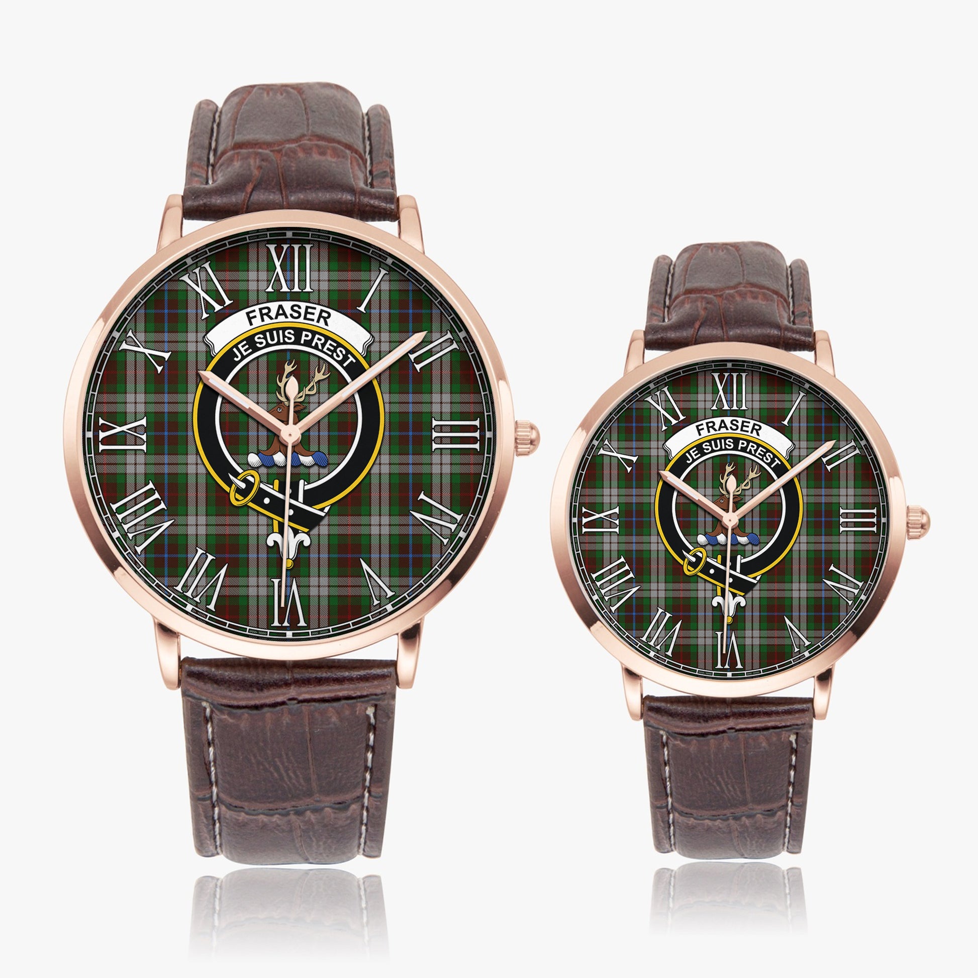 Fraser Hunting Dress Tartan Family Crest Leather Strap Quartz Watch - Tartanvibesclothing