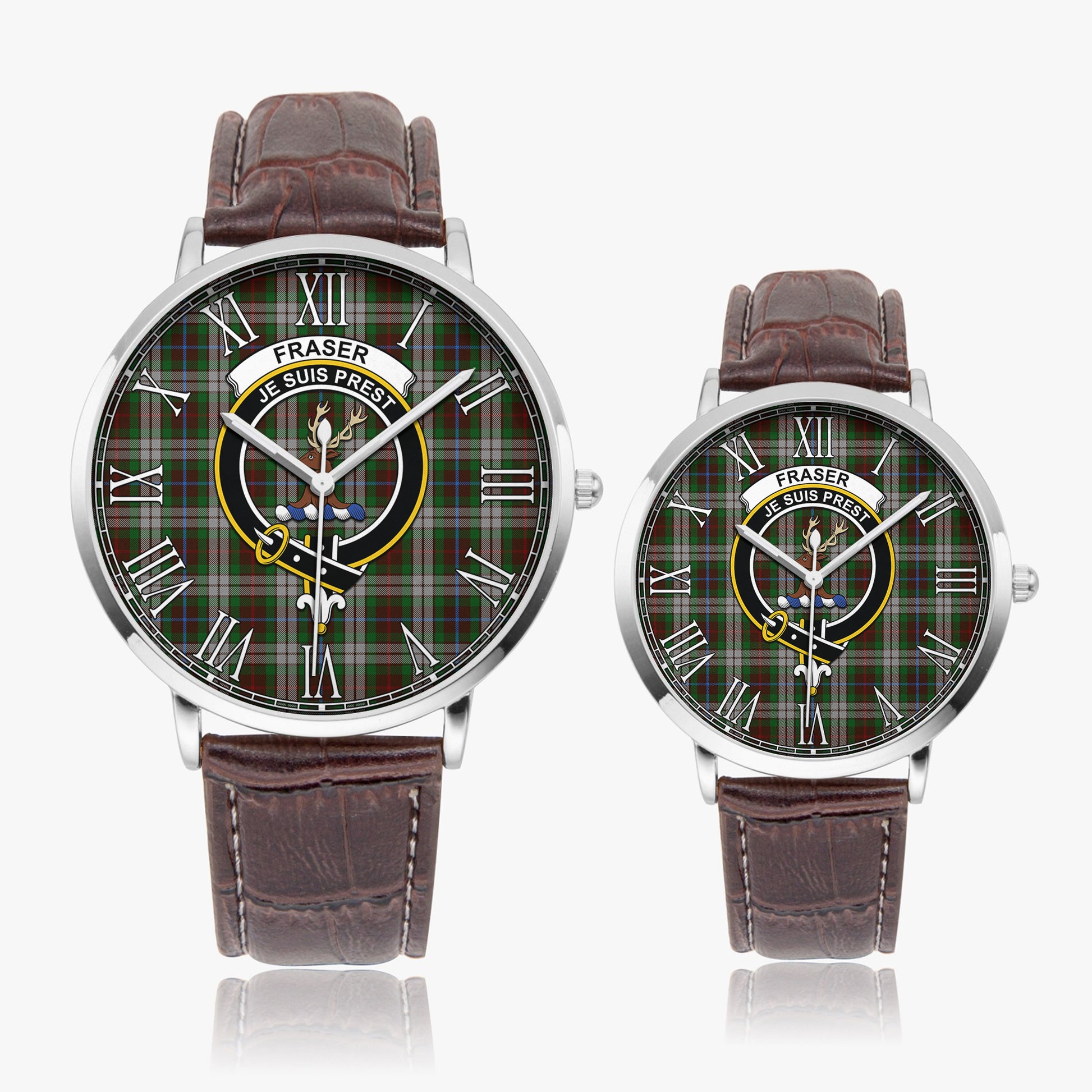 Fraser Hunting Dress Tartan Family Crest Leather Strap Quartz Watch - Tartanvibesclothing