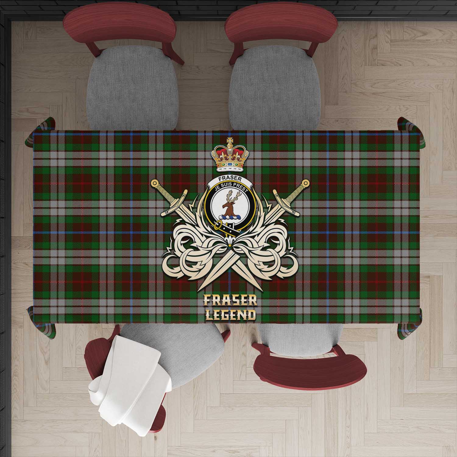 Tartan Vibes Clothing Fraser Hunting Dress Tartan Tablecloth with Clan Crest and the Golden Sword of Courageous Legacy