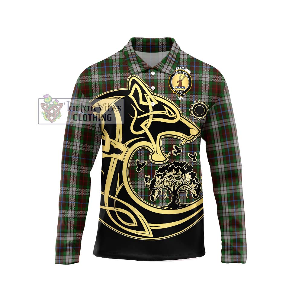 Fraser Hunting Dress Tartan Long Sleeve Polo Shirt with Family Crest Celtic Wolf Style Unisex - Tartanvibesclothing Shop