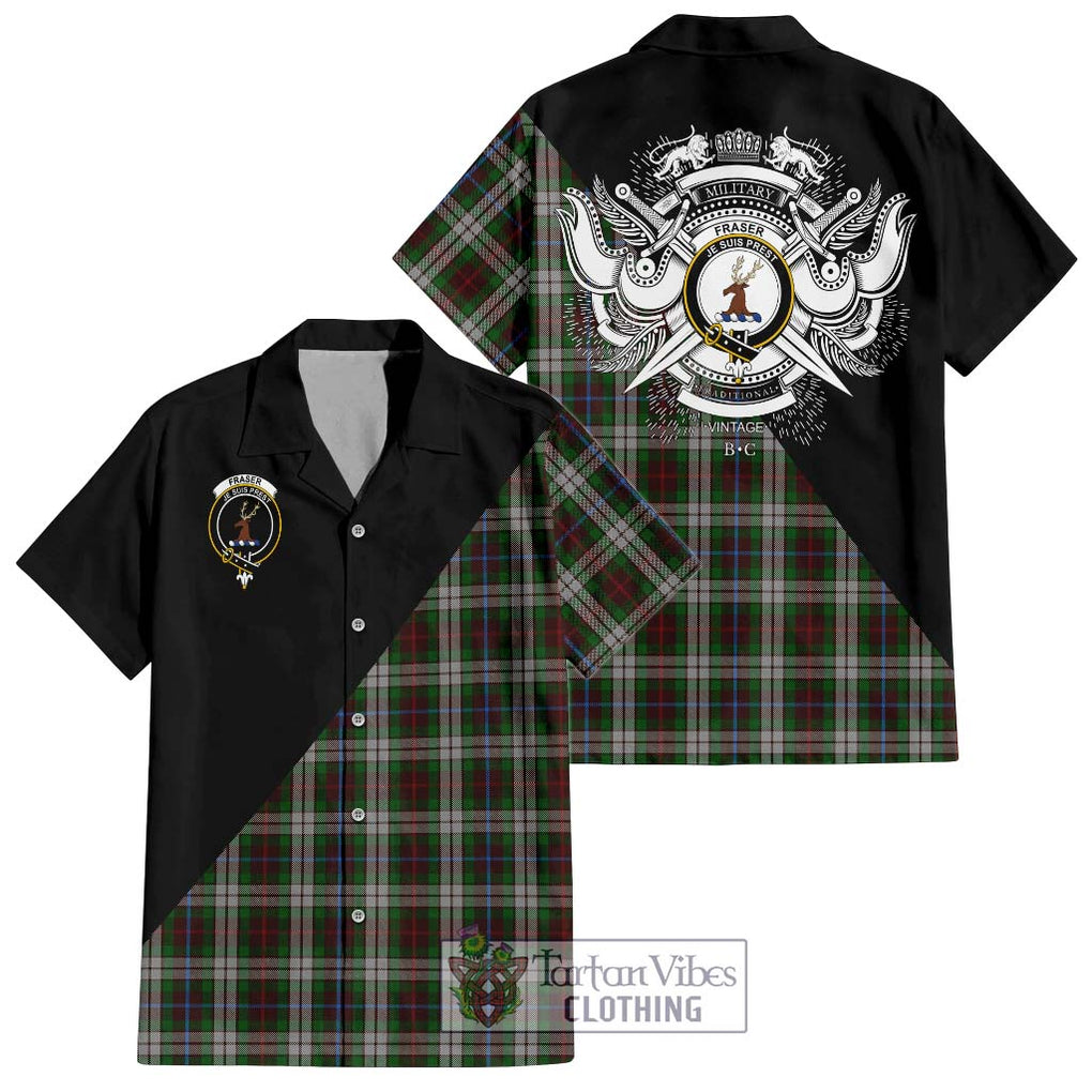 Fraser Hunting Dress Tartan Short Sleeve Button Shirt with Family Crest and Military Logo Style Kid - Tartanvibesclothing Shop