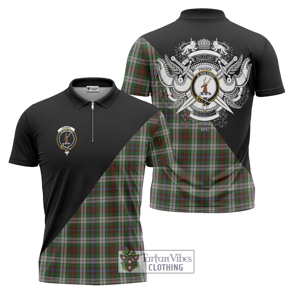 Fraser Hunting Dress Tartan Zipper Polo Shirt with Family Crest and Military Logo Style Unisex - Tartanvibesclothing Shop