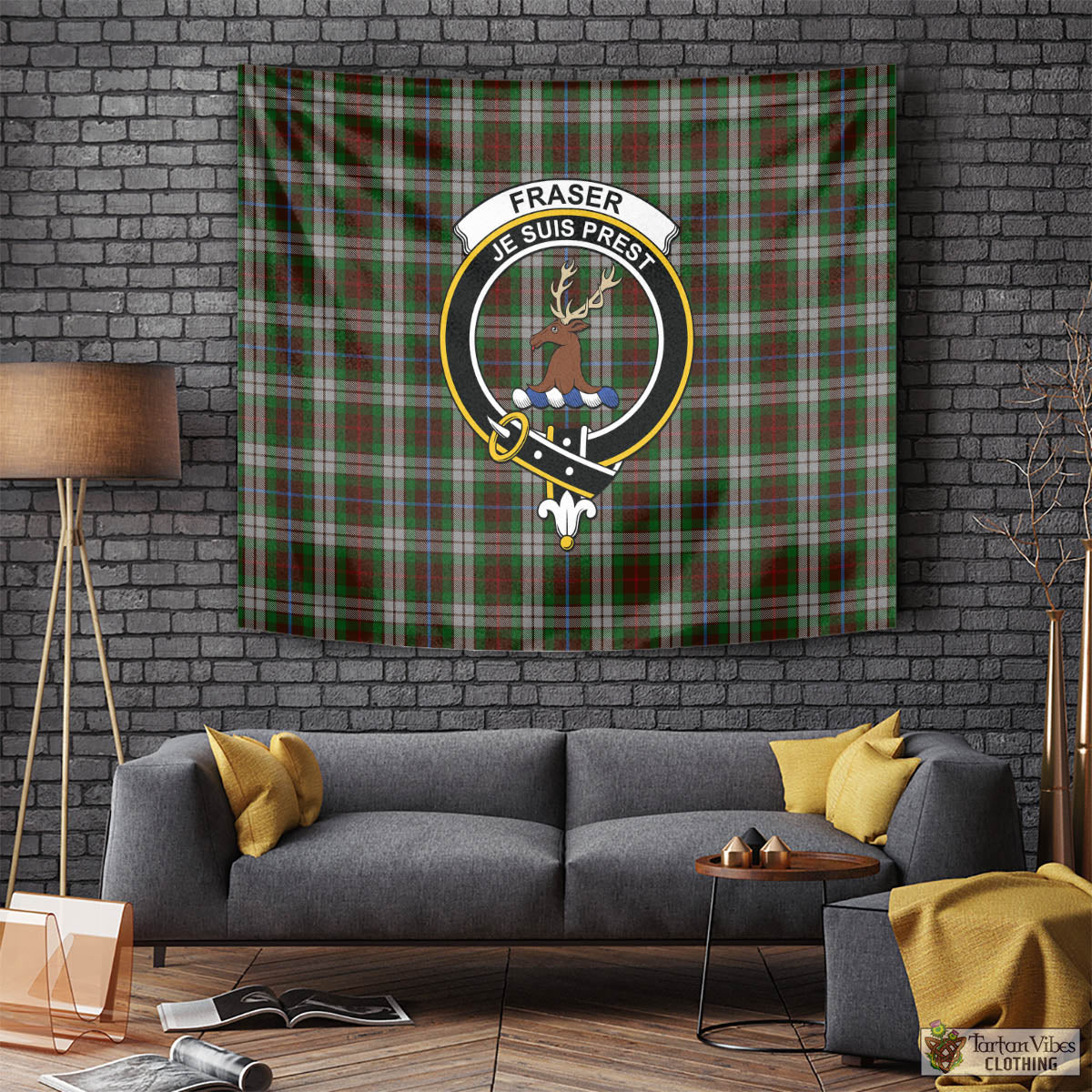 Tartan Vibes Clothing Fraser Hunting Dress Tartan Tapestry Wall Hanging and Home Decor for Room with Family Crest