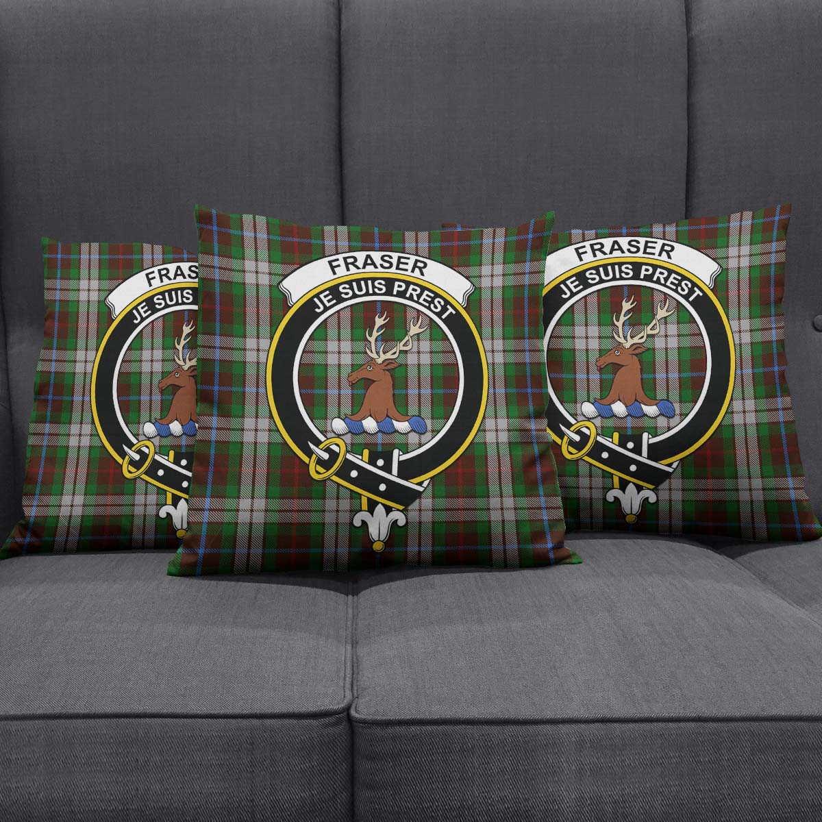 Fraser Hunting Dress Tartan Pillow Cover with Family Crest Square Pillow Cover - Tartanvibesclothing