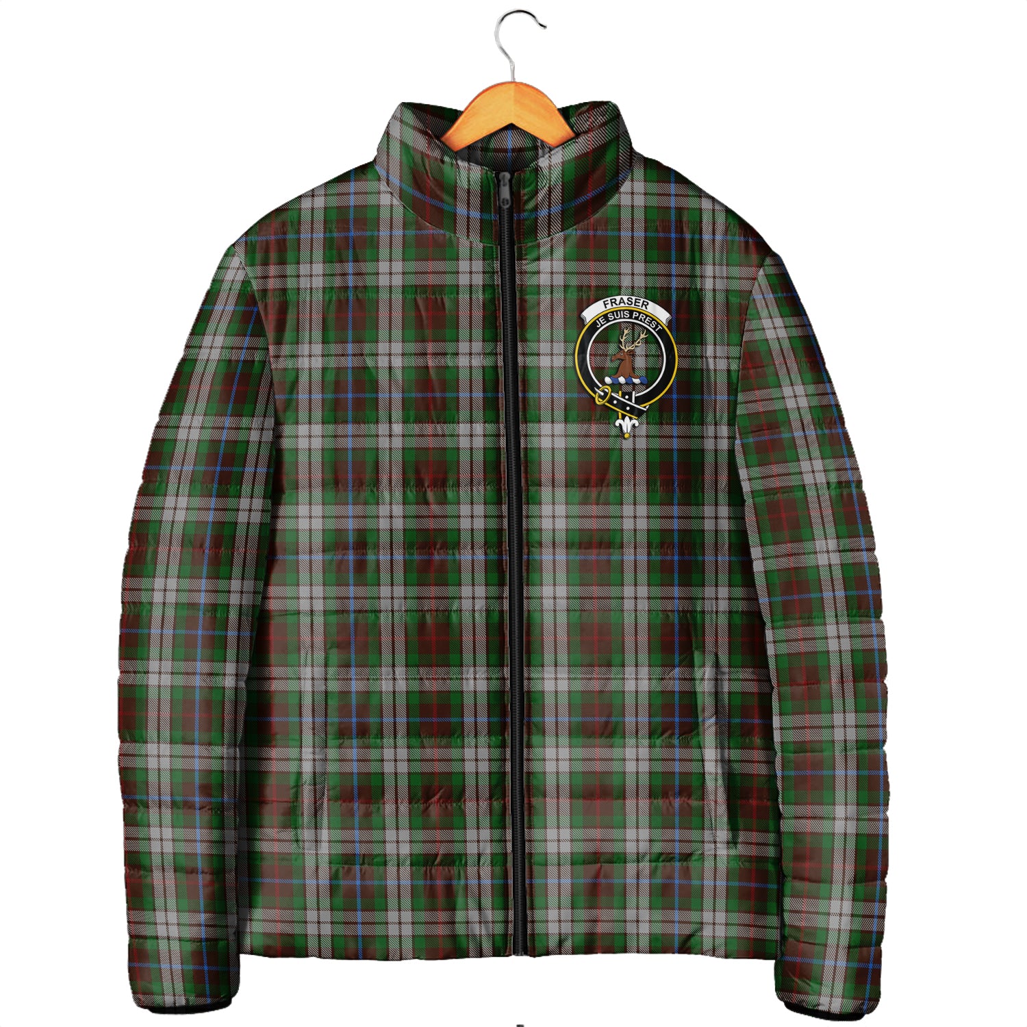 Fraser Hunting Dress Tartan Padded Jacket with Family Crest Men's Padded Jacket - Tartan Vibes Clothing