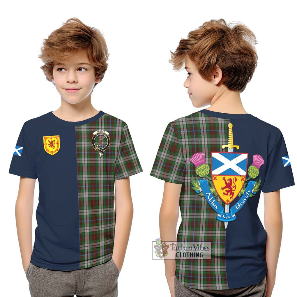 Tartan Vibes Clothing Fraser Hunting Dress Tartan Kid T-Shirt with Scottish Lion Royal Arm Half Style