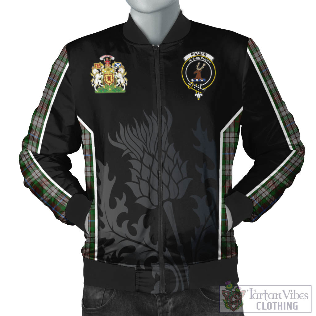 Tartan Vibes Clothing Fraser Hunting Dress Tartan Bomber Jacket with Family Crest and Scottish Thistle Vibes Sport Style