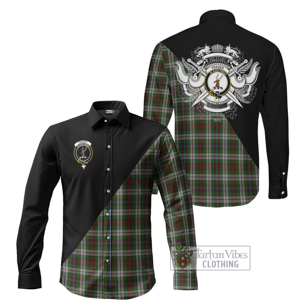 Fraser Hunting Dress Tartan Long Sleeve Button Shirt with Family Crest and Military Logo Style Men's Shirt S - Tartanvibesclothing Shop