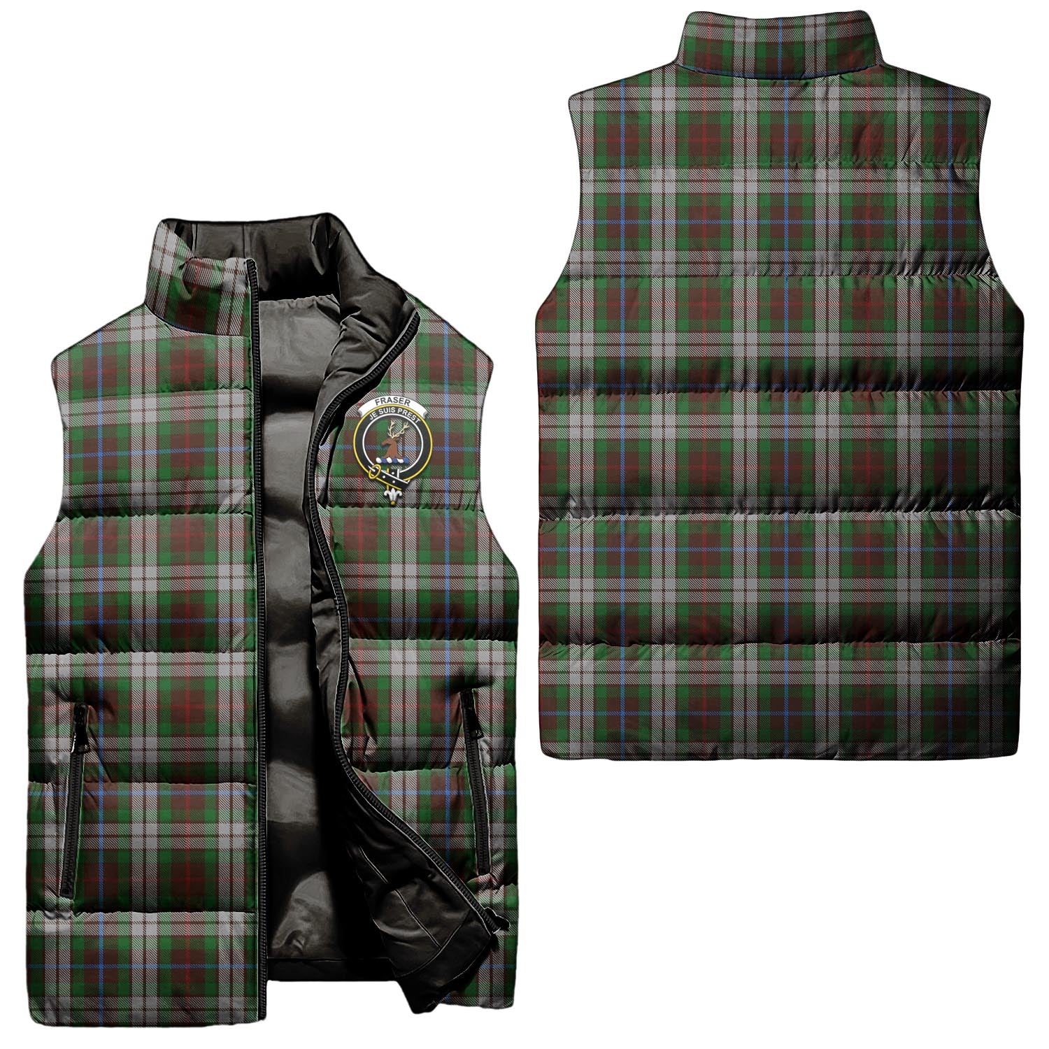 Fraser Hunting Dress Tartan Sleeveless Puffer Jacket with Family Crest Unisex - Tartanvibesclothing