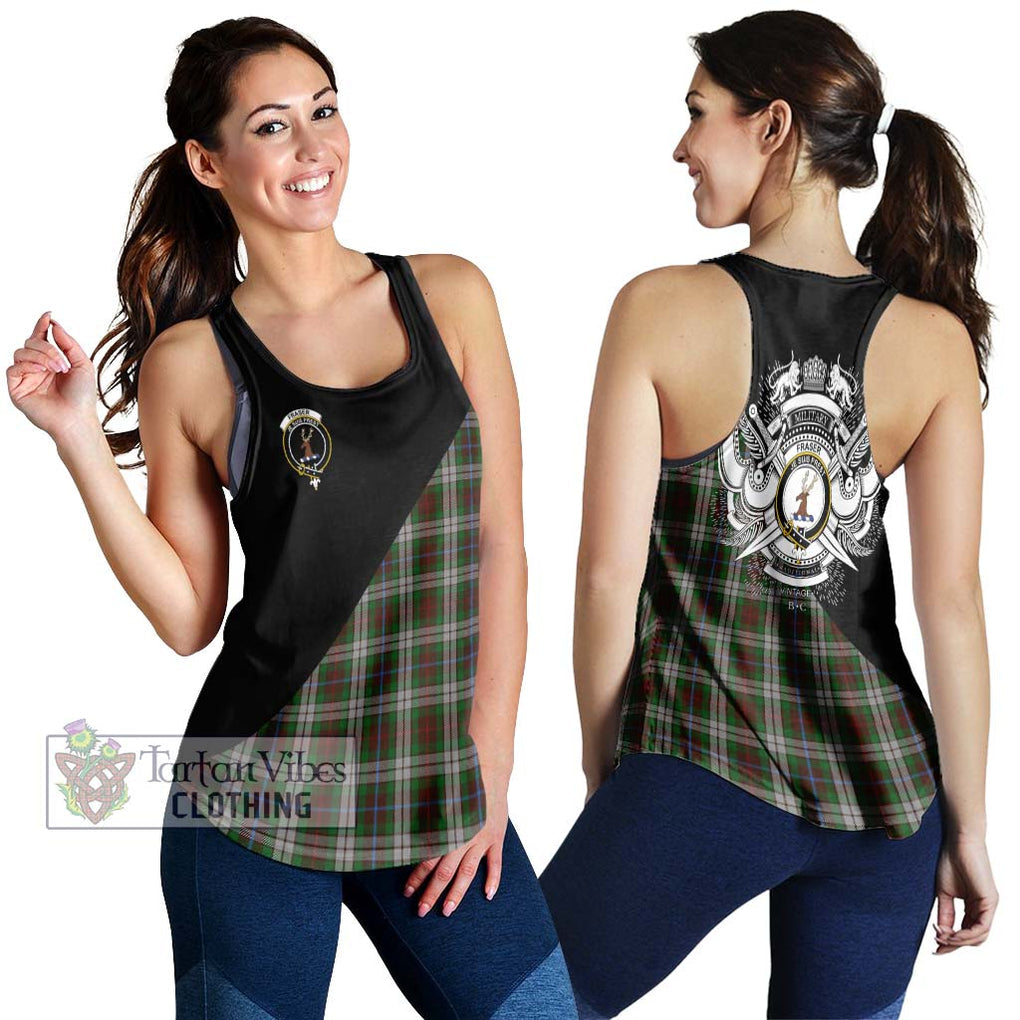 Fraser Hunting Dress Tartan Women's Racerback Tanks with Family Crest and Military Logo Style 4XL - Tartanvibesclothing Shop