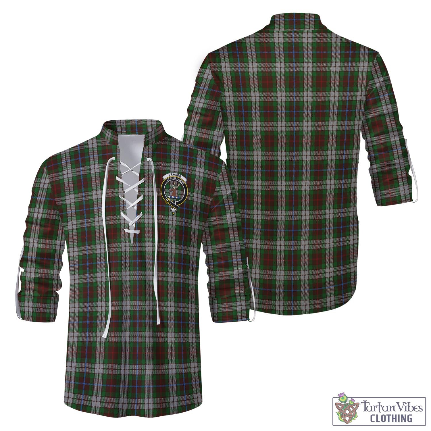 Tartan Vibes Clothing Fraser Hunting Dress Tartan Men's Scottish Traditional Jacobite Ghillie Kilt Shirt with Family Crest