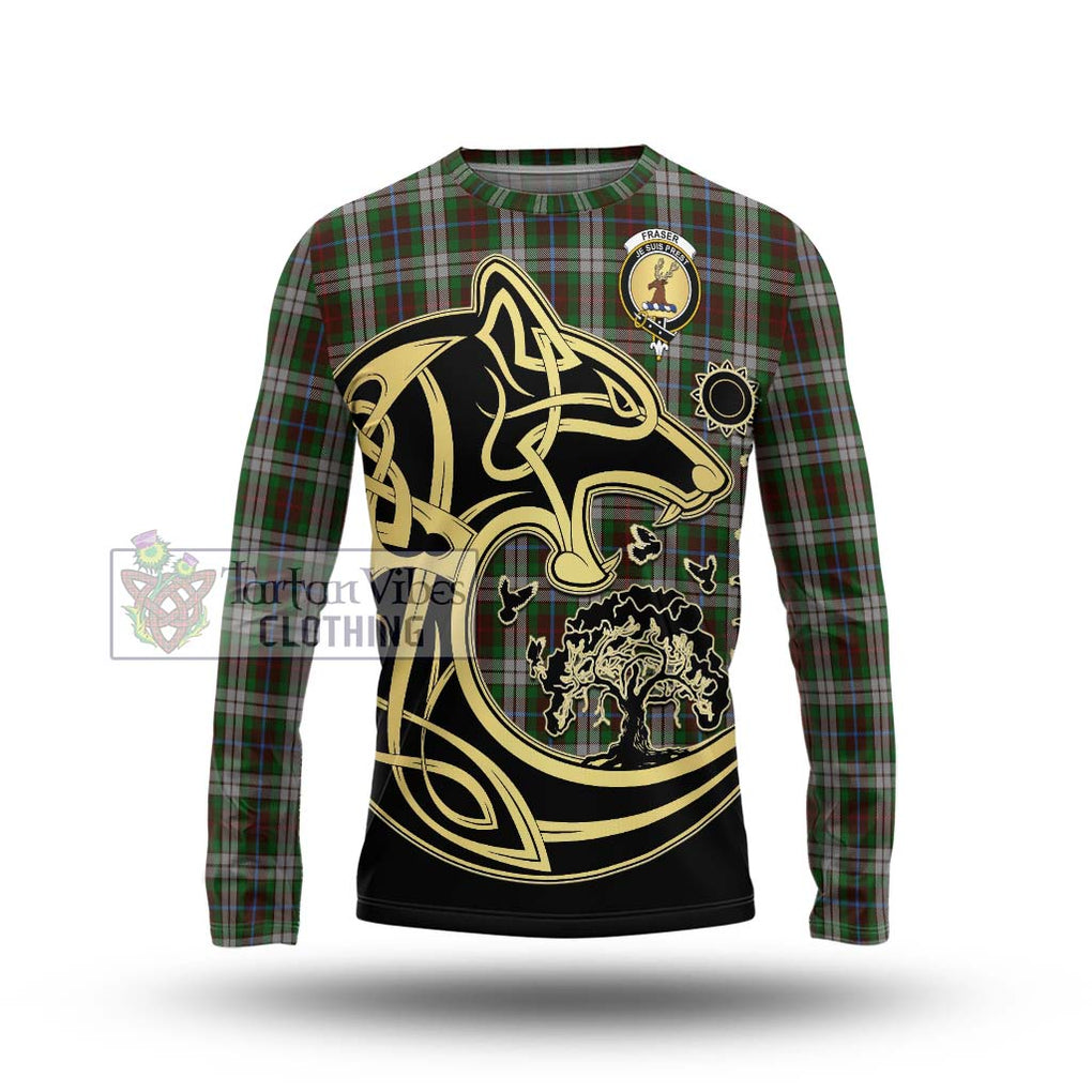 Fraser Hunting Dress Tartan Long Sleeve T-Shirt with Family Crest Celtic Wolf Style Unisex - Tartan Vibes Clothing