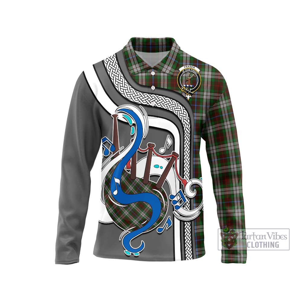 Tartan Vibes Clothing Fraser Hunting Dress Tartan Long Sleeve Polo Shirt with Epic Bagpipe Style