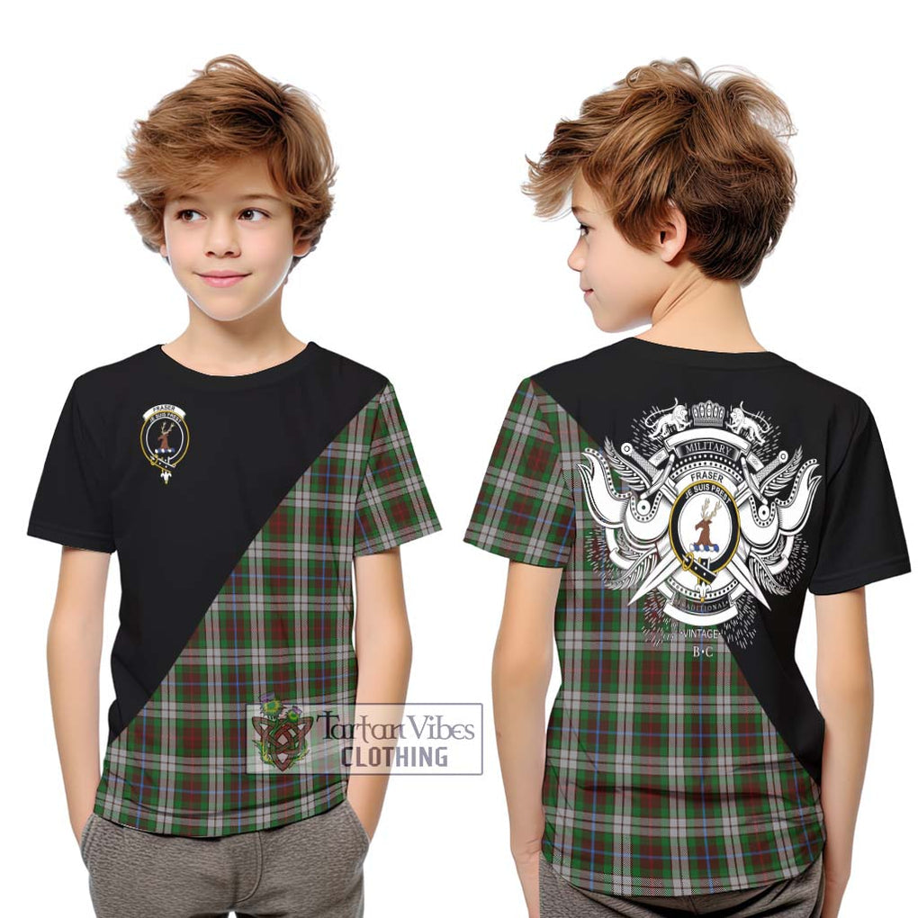 Fraser Hunting Dress Tartan Kid T-Shirt with Family Crest and Military Logo Style Youth XL Size14 - Tartanvibesclothing Shop