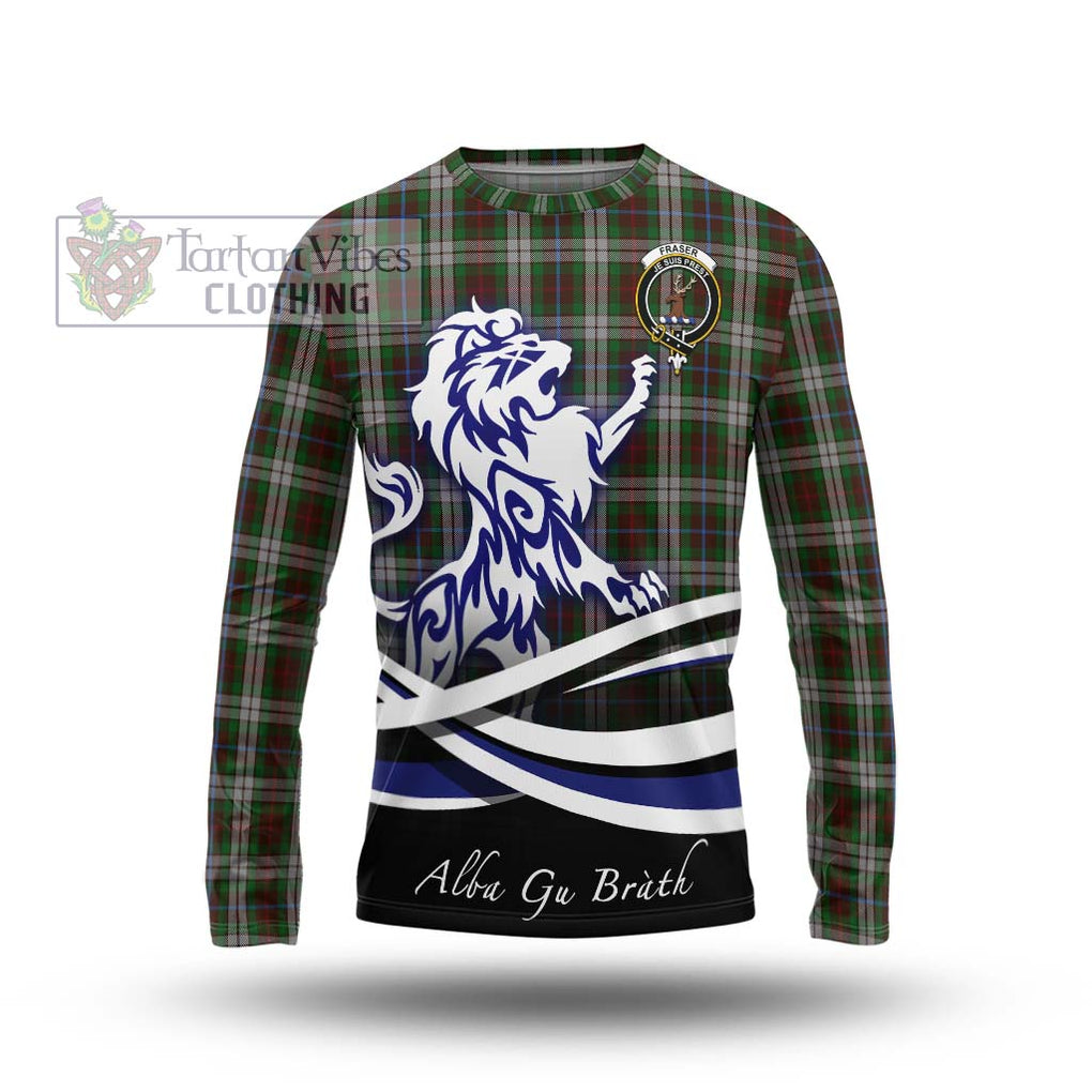 Fraser Hunting Dress Tartan Long Sleeve T-Shirt with Alba Gu Brath Regal Lion Emblem Unisex - Tartanvibesclothing Shop