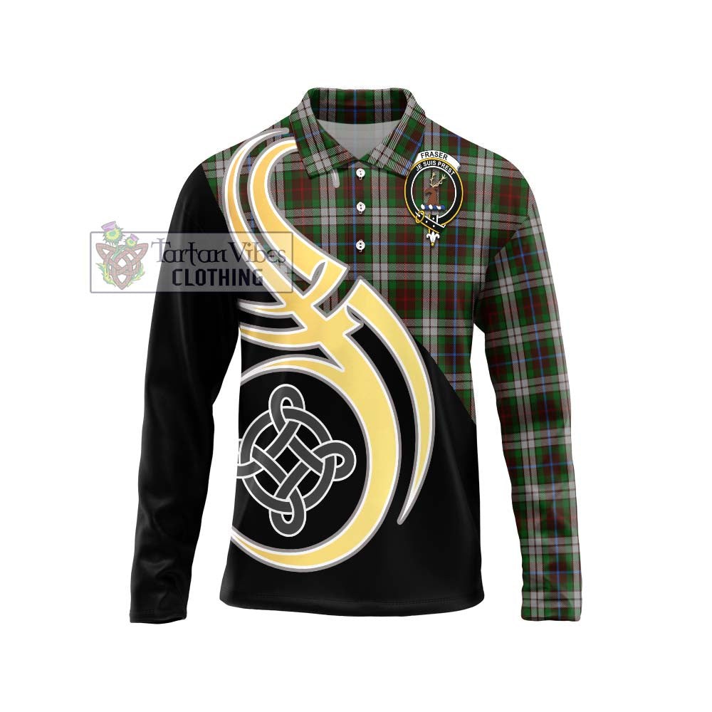 Fraser Hunting Dress Tartan Long Sleeve Polo Shirt with Family Crest and Celtic Symbol Style Unisex - Tartan Vibes Clothing